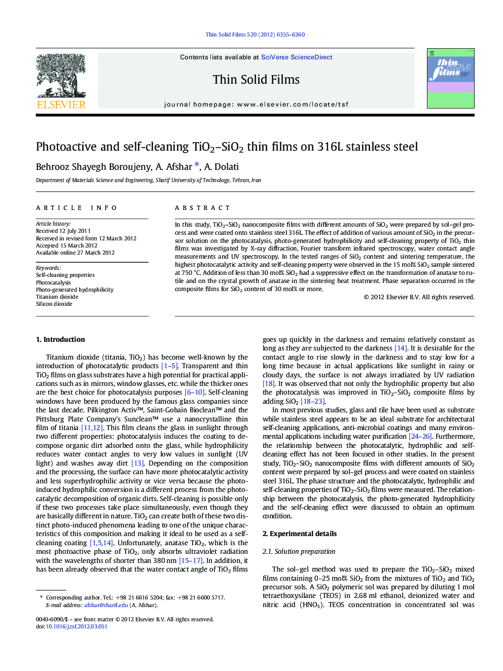 Photoactive and self-cleaning TiO2–SiO2 thin films on 316L stainless steel