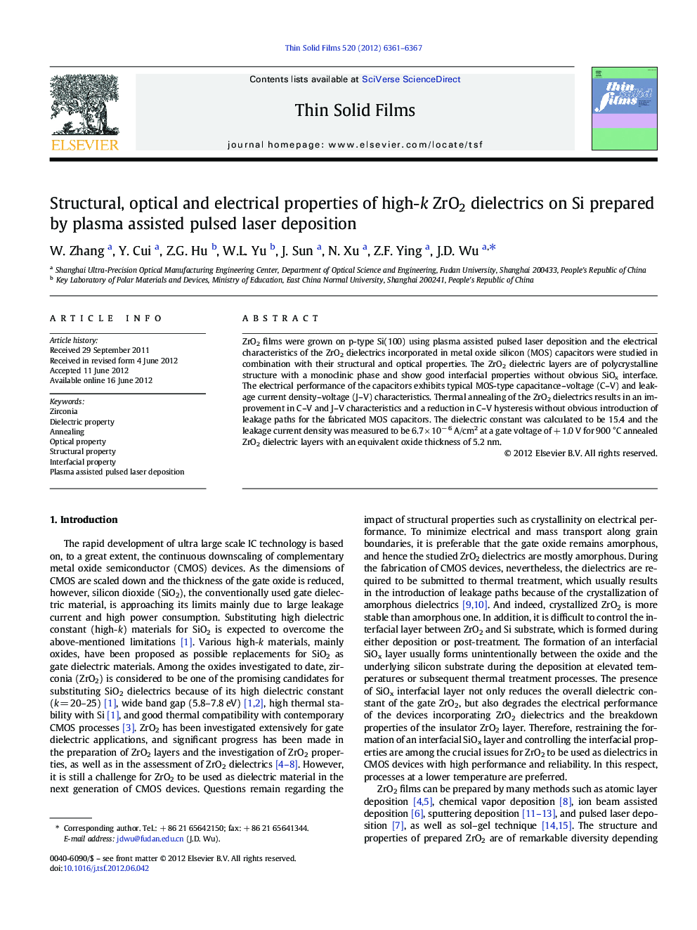 Structural, optical and electrical properties of high-k ZrO2 dielectrics on Si prepared by plasma assisted pulsed laser deposition