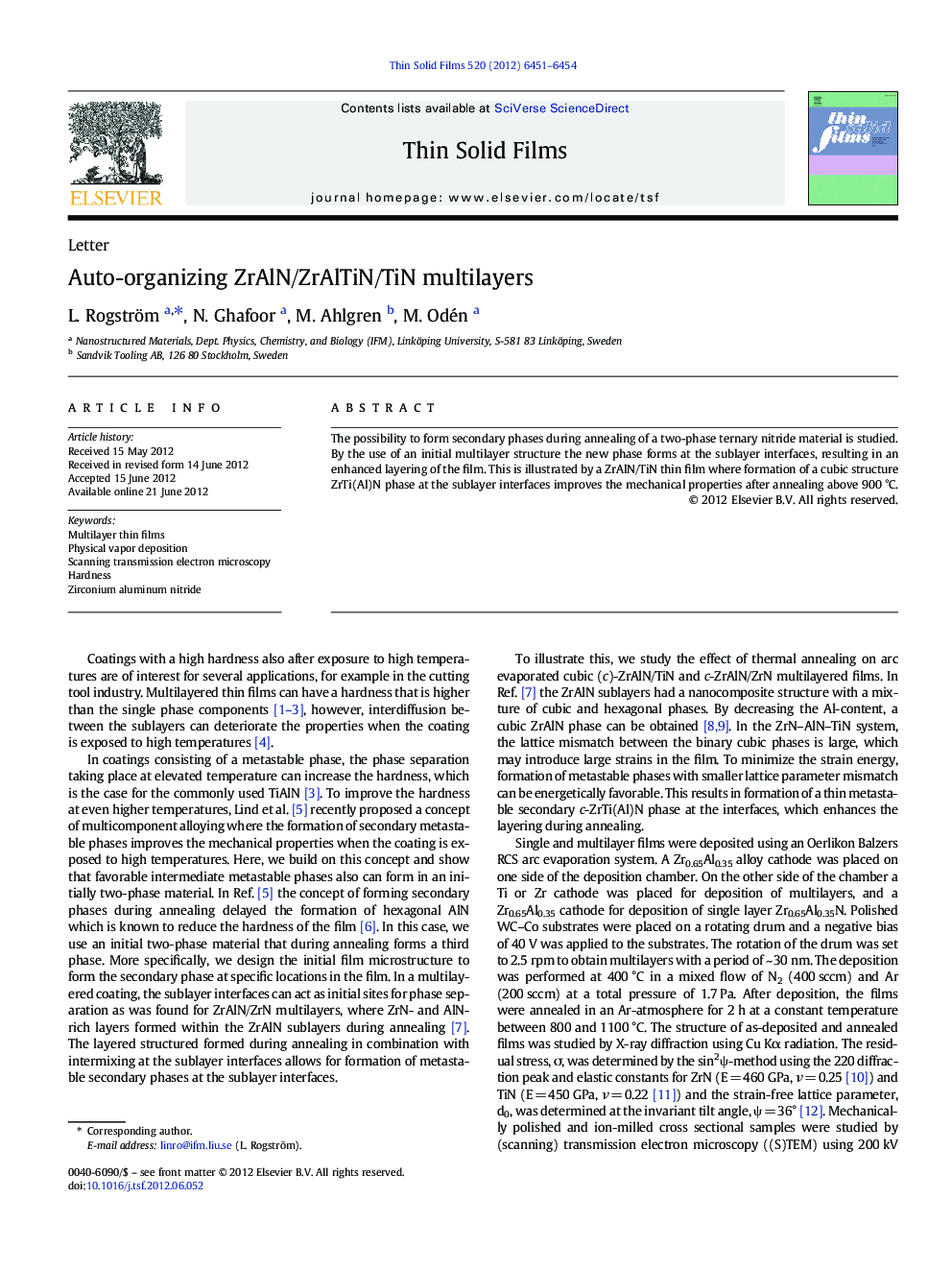 Auto-organizing ZrAlN/ZrAlTiN/TiN multilayers