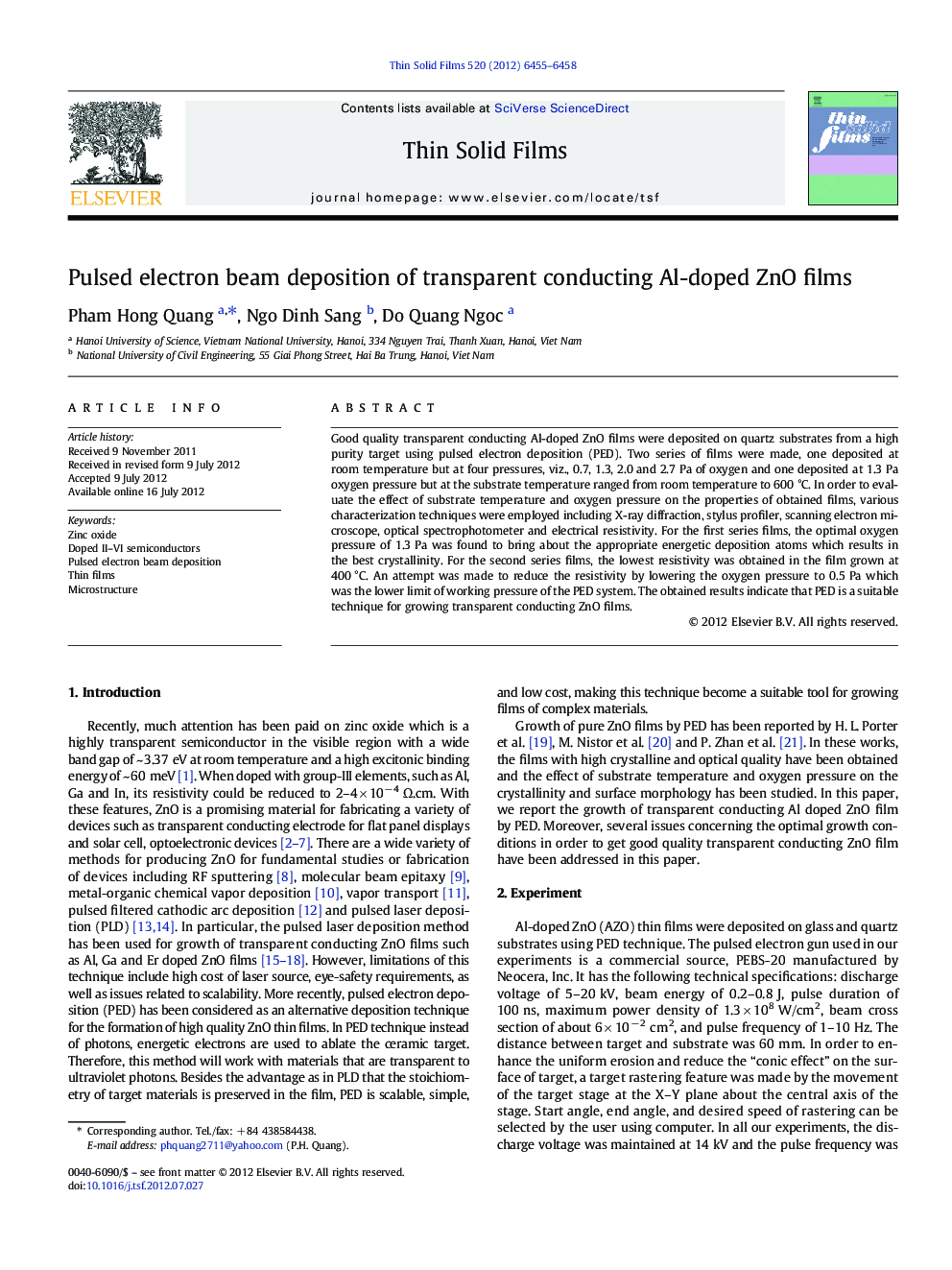 Pulsed electron beam deposition of transparent conducting Al-doped ZnO films