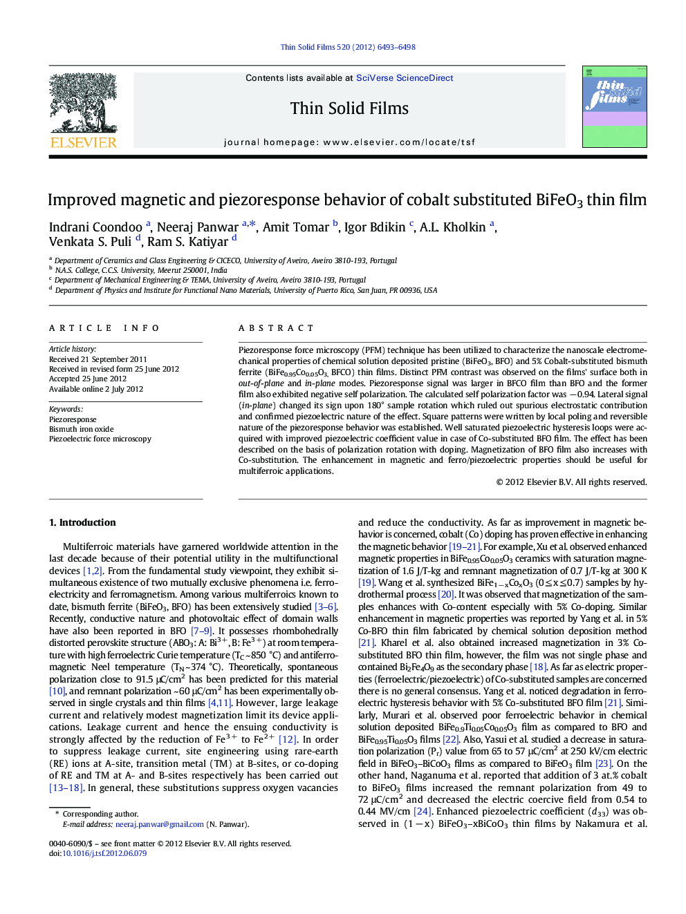 Improved magnetic and piezoresponse behavior of cobalt substituted BiFeO3 thin film