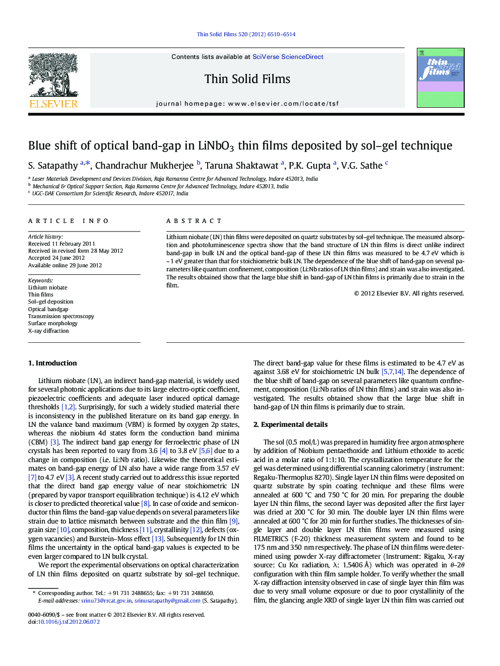 Blue shift of optical band-gap in LiNbO3 thin films deposited by sol–gel technique