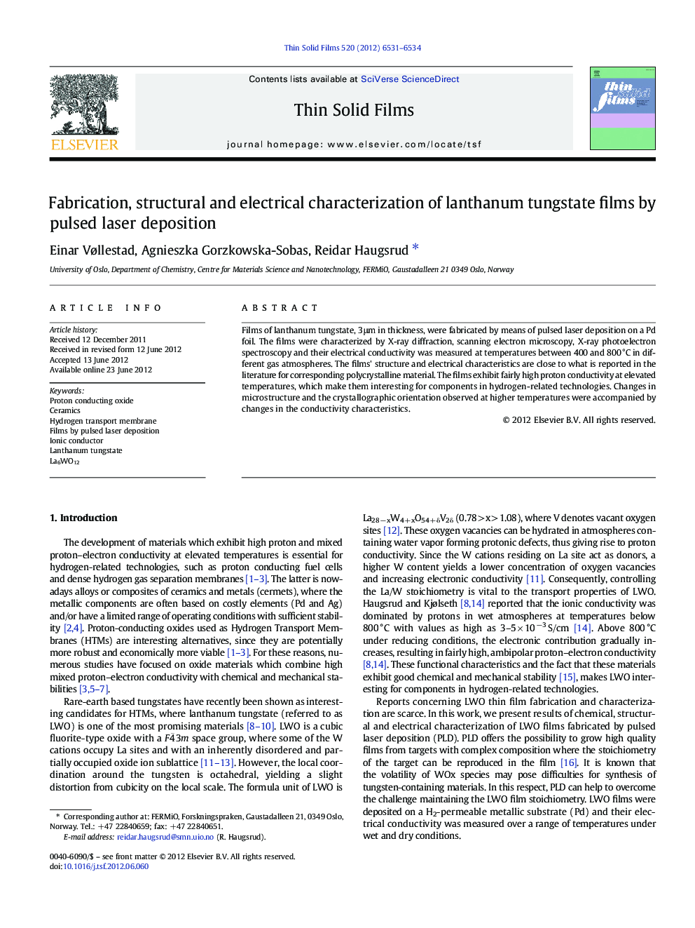 Fabrication, structural and electrical characterization of lanthanum tungstate films by pulsed laser deposition