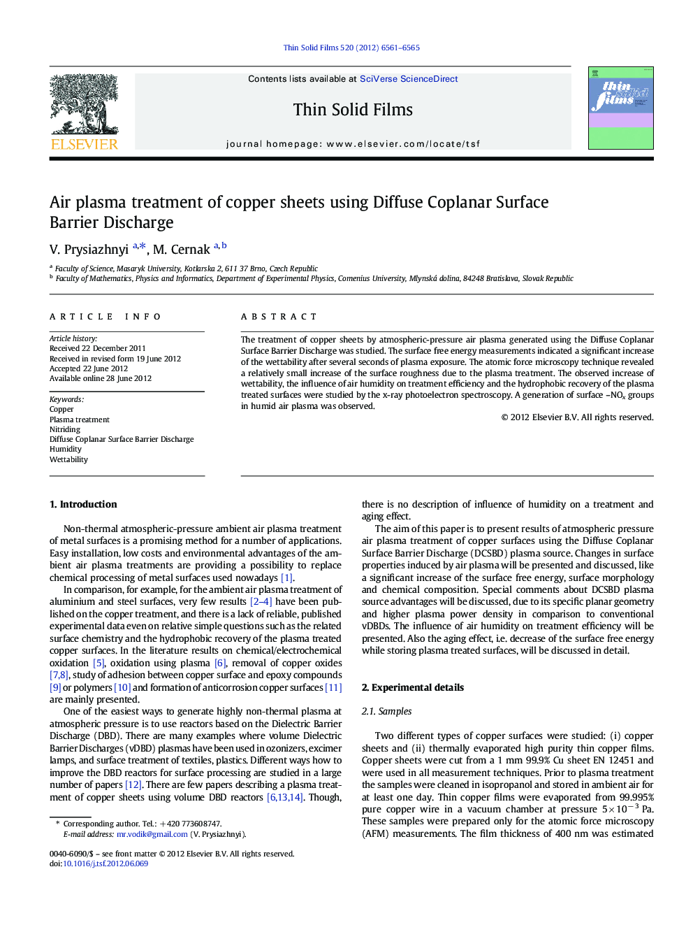 Air plasma treatment of copper sheets using Diffuse Coplanar Surface Barrier Discharge