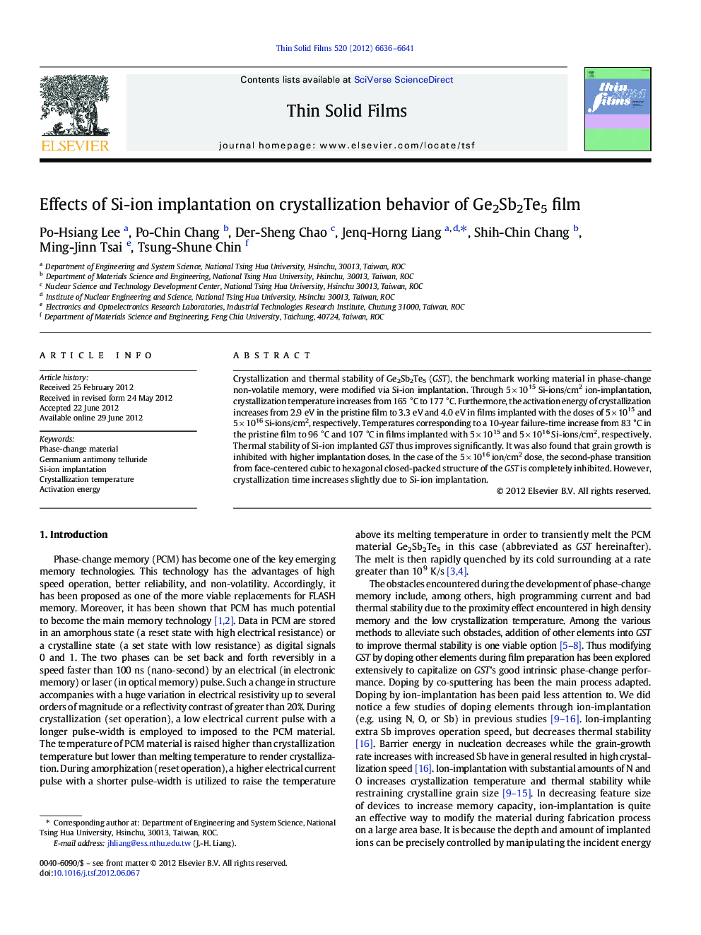 Effects of Si-ion implantation on crystallization behavior of Ge2Sb2Te5 film