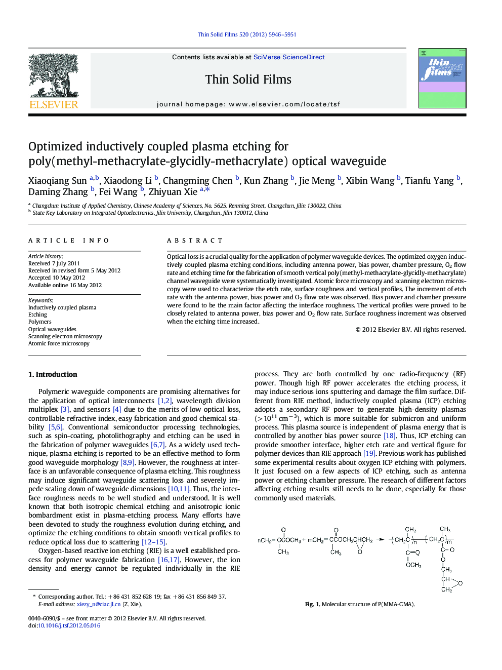 Optimized inductively coupled plasma etching for poly(methyl-methacrylate-glycidly-methacrylate) optical waveguide