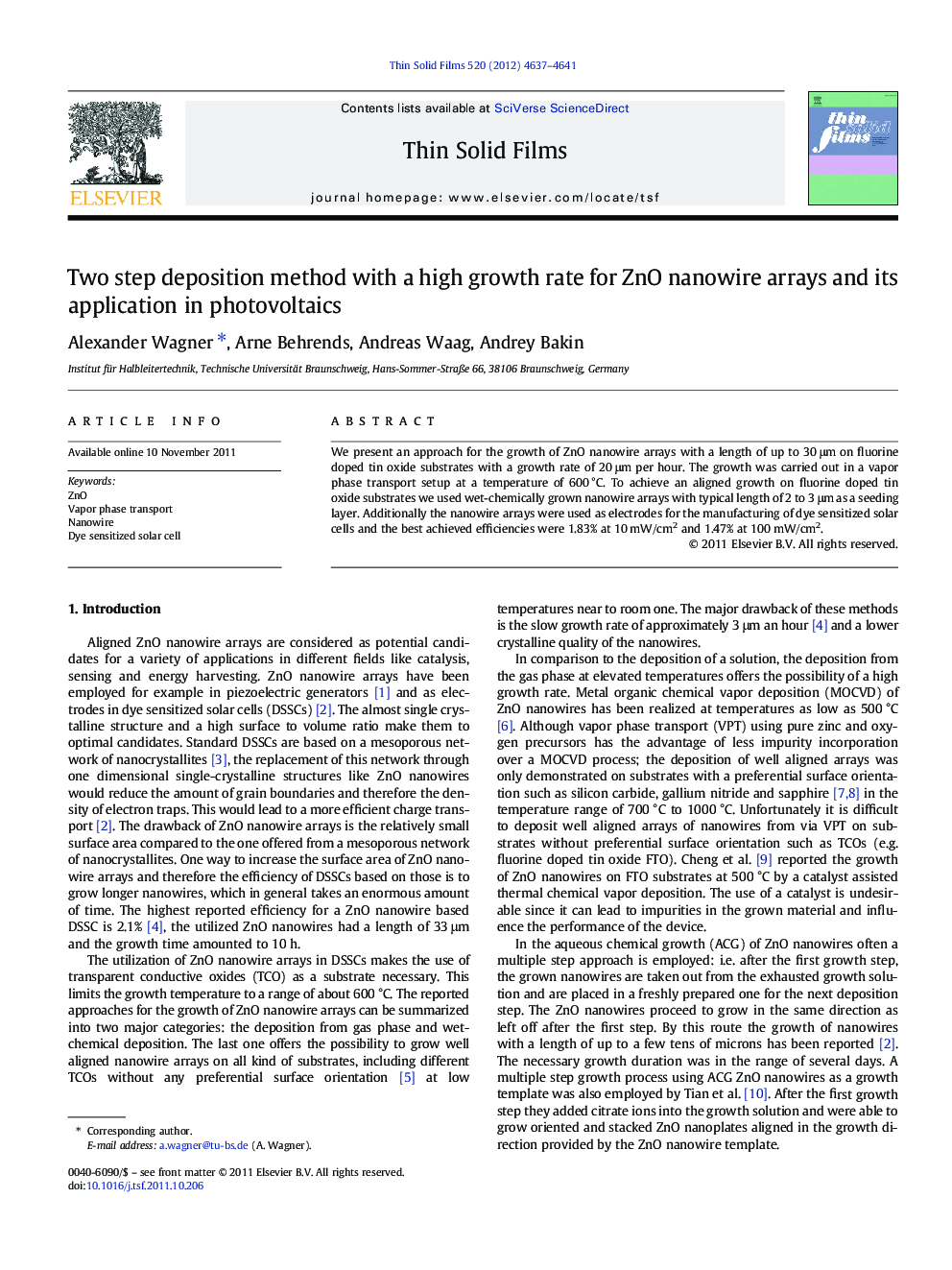 Two step deposition method with a high growth rate for ZnO nanowire arrays and its application in photovoltaics