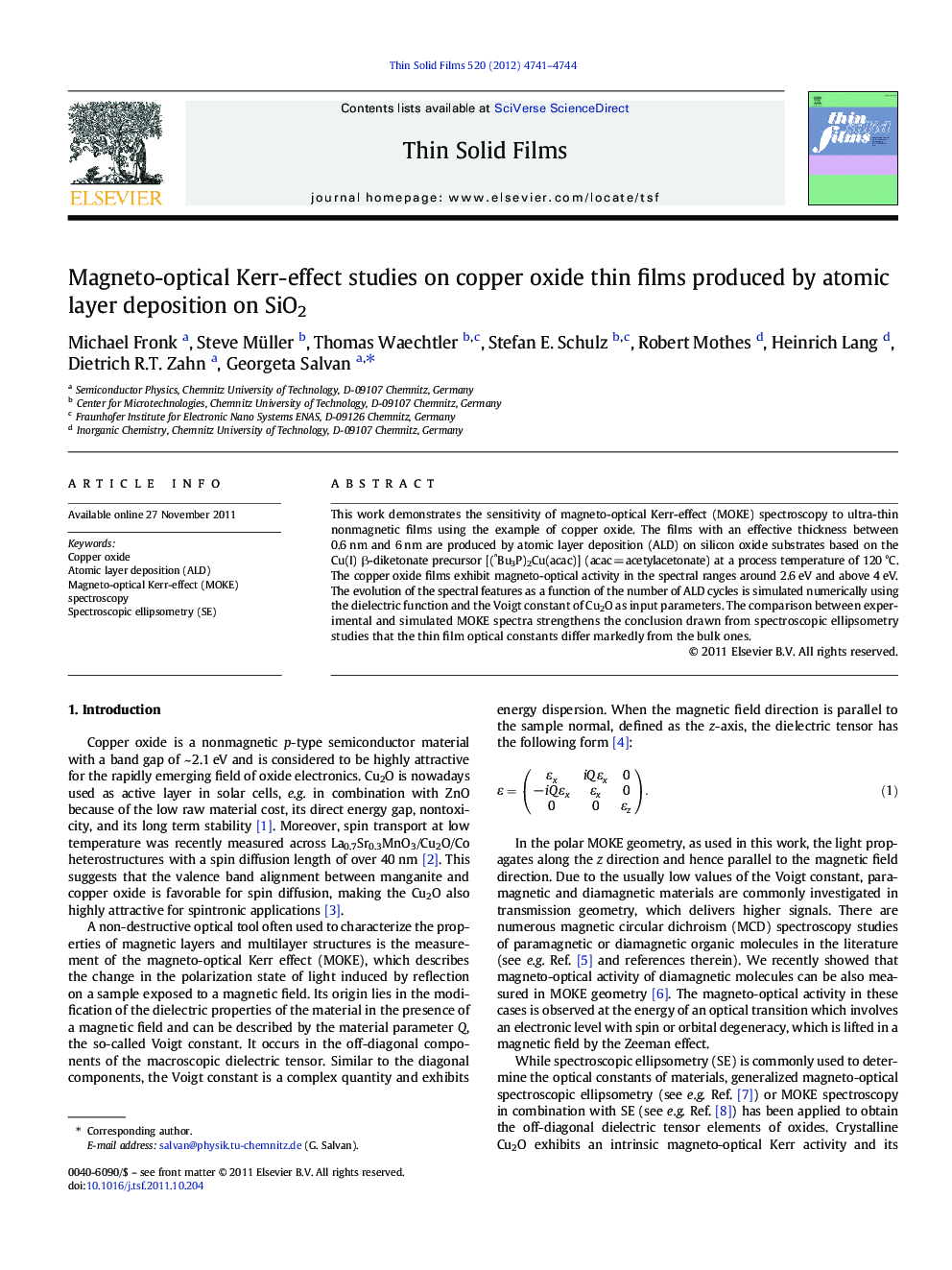 Magneto-optical Kerr-effect studies on copper oxide thin films produced by atomic layer deposition on SiO2