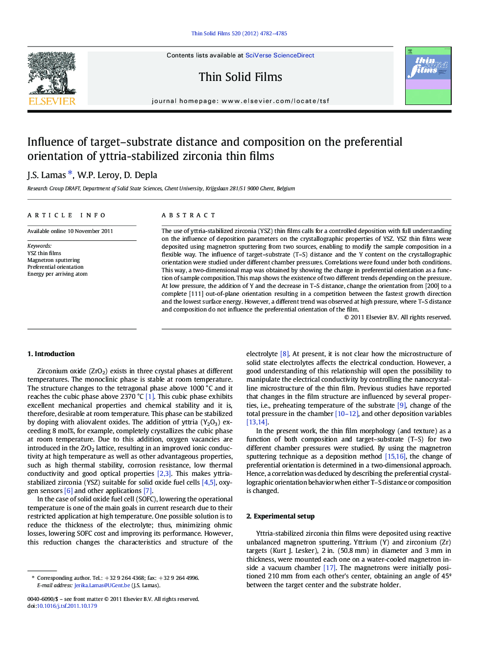 Influence of target–substrate distance and composition on the preferential orientation of yttria-stabilized zirconia thin films