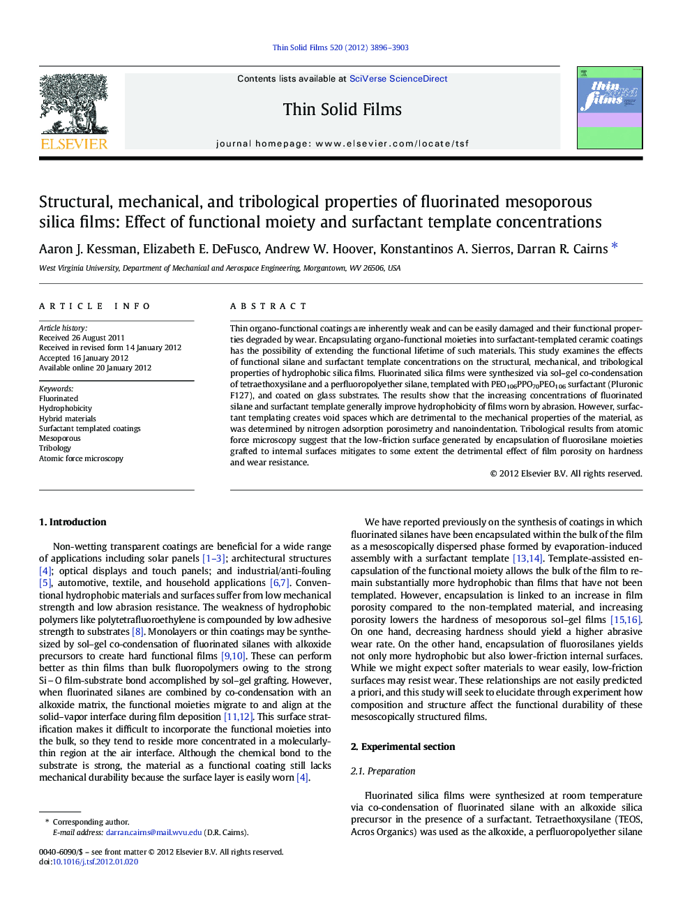 Structural, mechanical, and tribological properties of fluorinated mesoporous silica films: Effect of functional moiety and surfactant template concentrations