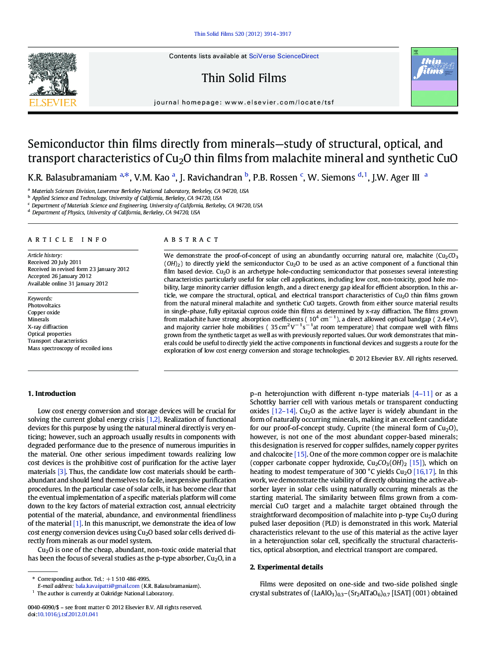 Semiconductor thin films directly from minerals—study of structural, optical, and transport characteristics of Cu2O thin films from malachite mineral and synthetic CuO