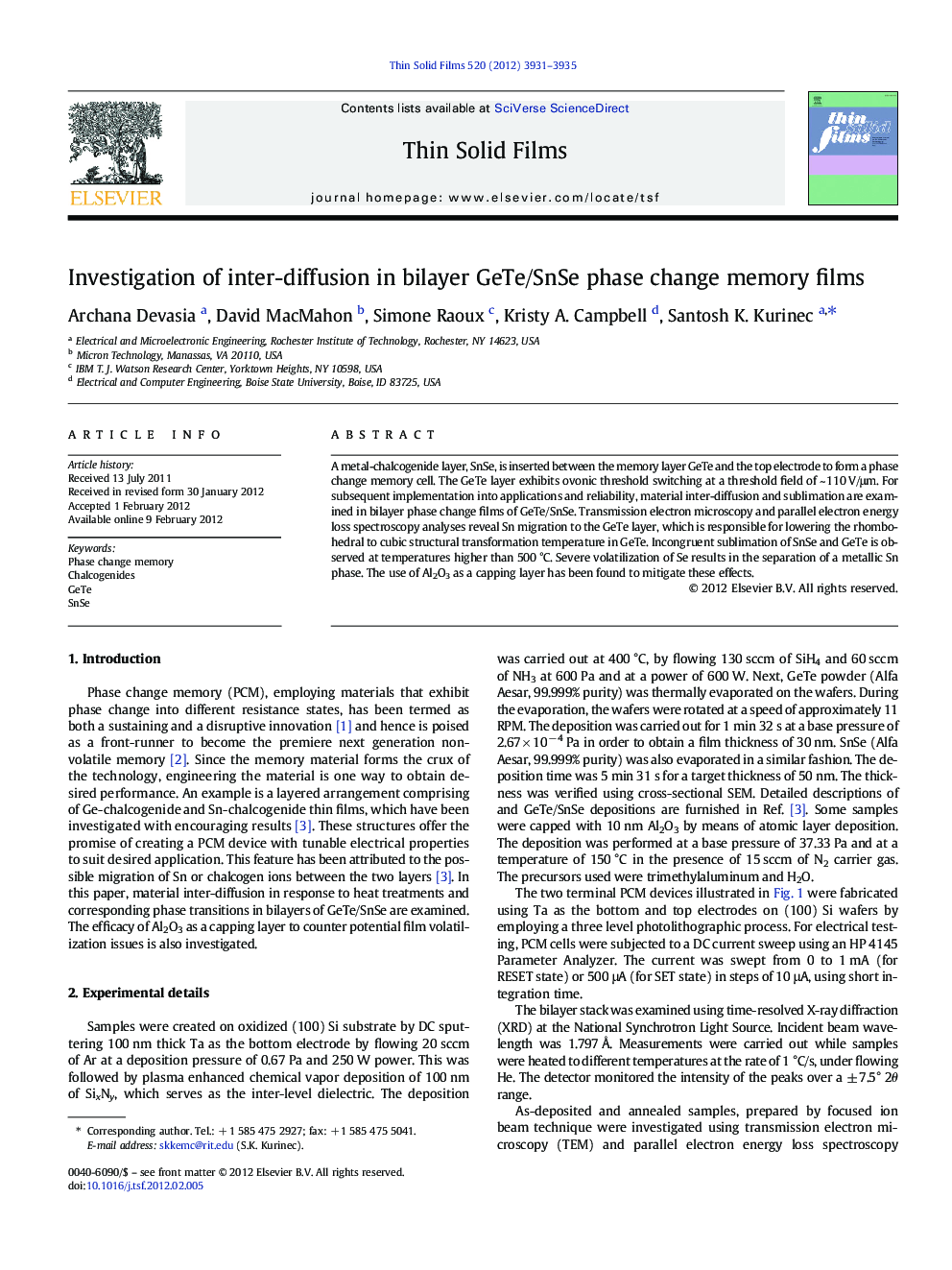 Investigation of inter-diffusion in bilayer GeTe/SnSe phase change memory films