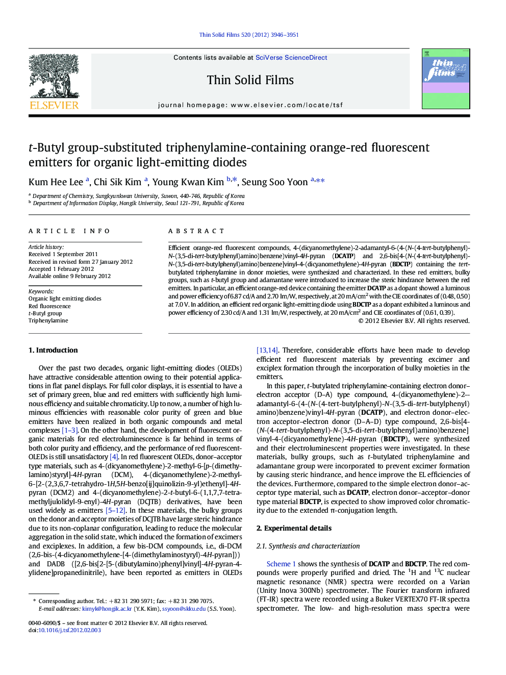 t-Butyl group-substituted triphenylamine-containing orange-red fluorescent emitters for organic light-emitting diodes