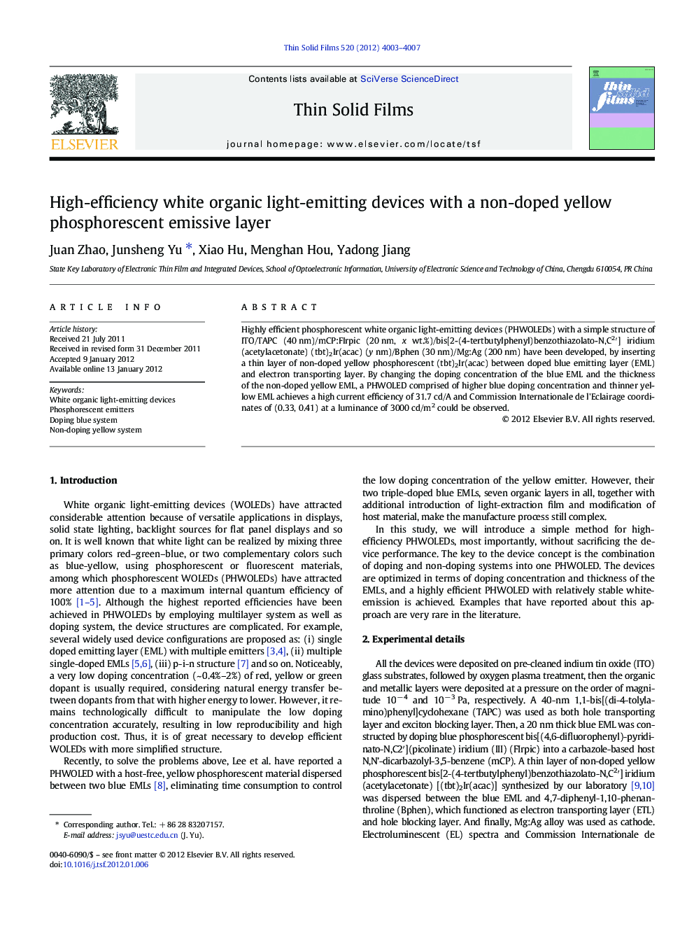 High-efficiency white organic light-emitting devices with a non-doped yellow phosphorescent emissive layer