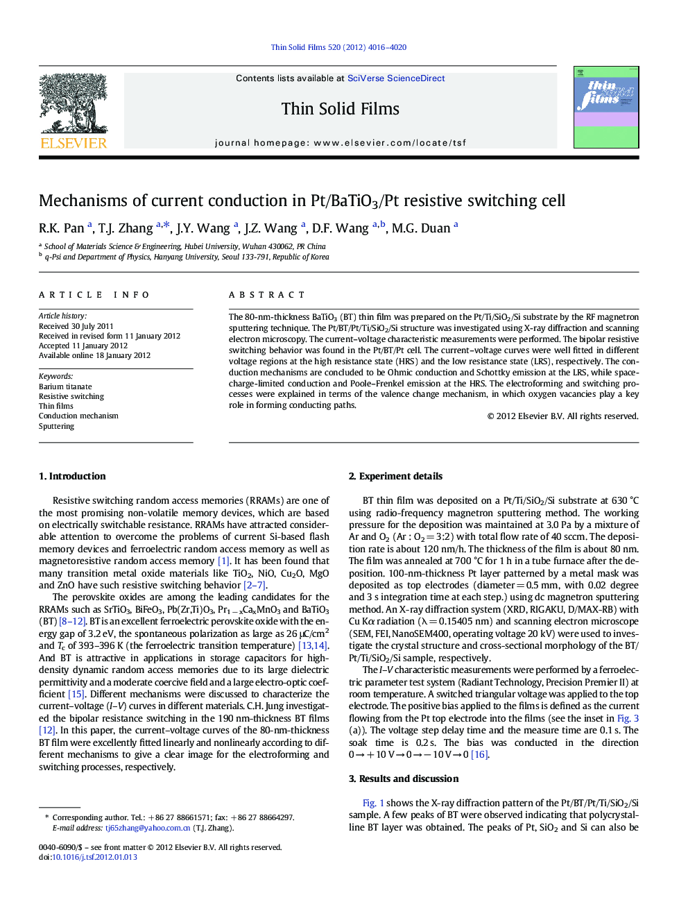 Mechanisms of current conduction in Pt/BaTiO3/Pt resistive switching cell