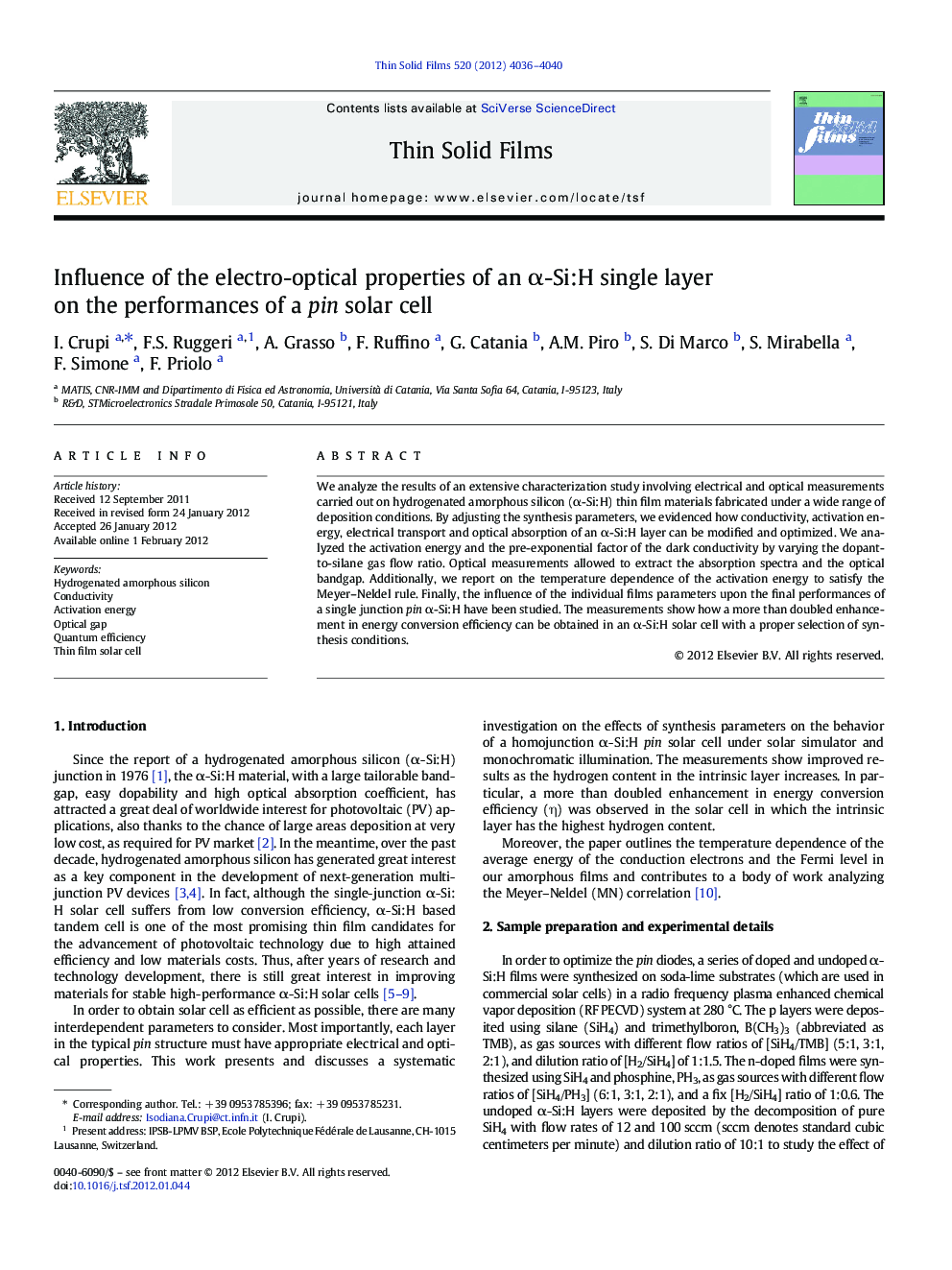 Influence of the electro-optical properties of an α-Si:H single layer on the performances of a pin solar cell