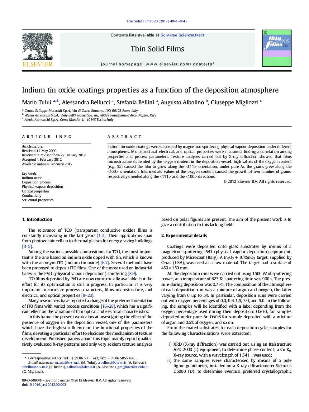 Indium tin oxide coatings properties as a function of the deposition atmosphere