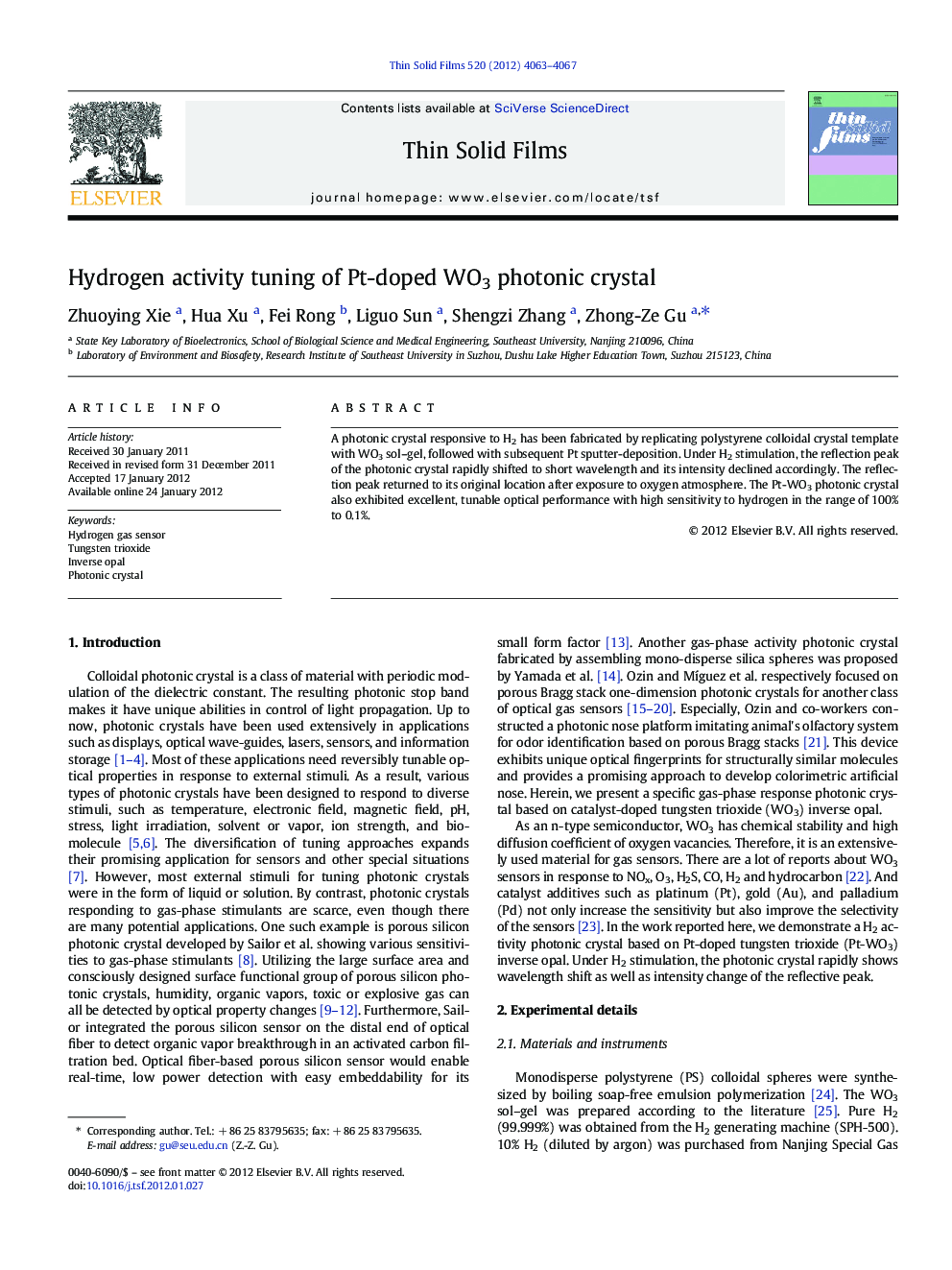 Hydrogen activity tuning of Pt-doped WO3 photonic crystal