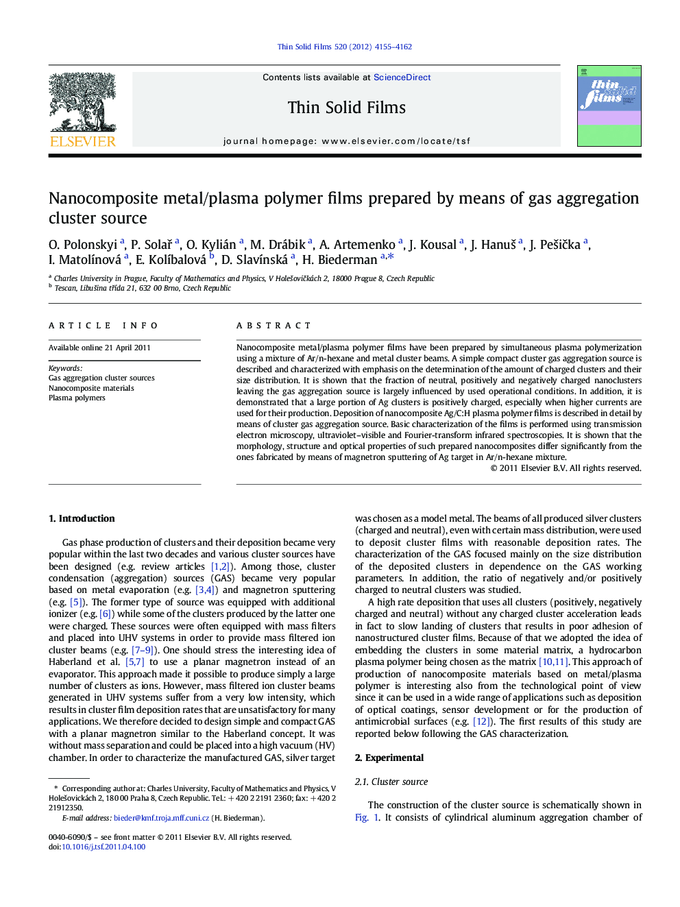 Nanocomposite metal/plasma polymer films prepared by means of gas aggregation cluster source