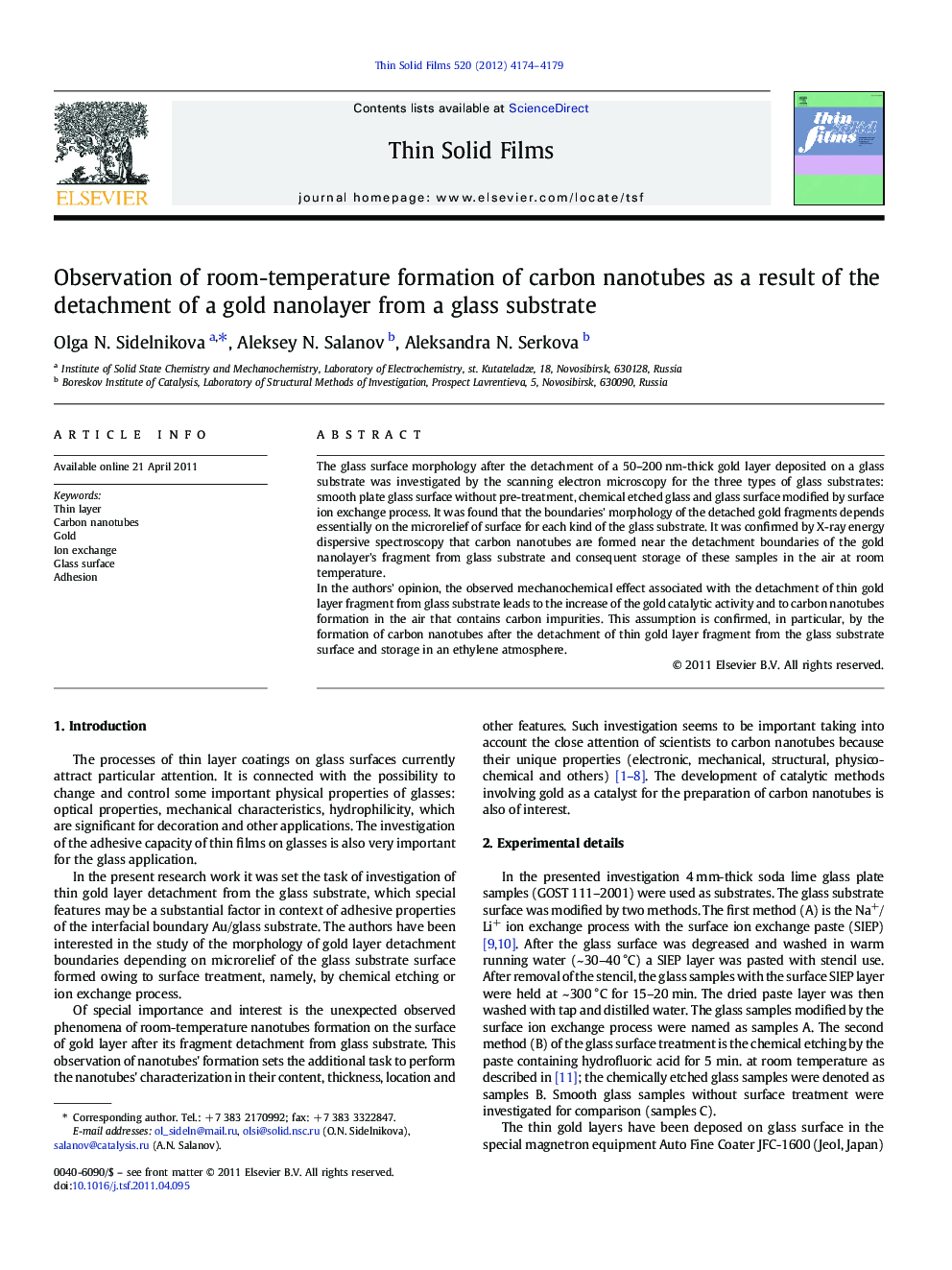 Observation of room-temperature formation of carbon nanotubes as a result of the detachment of a gold nanolayer from a glass substrate