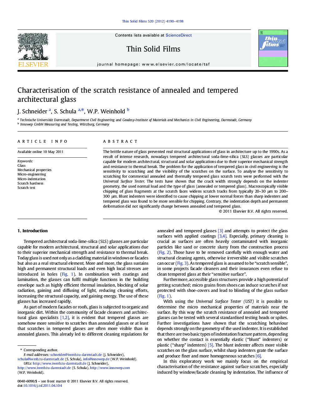 Characterisation of the scratch resistance of annealed and tempered architectural glass