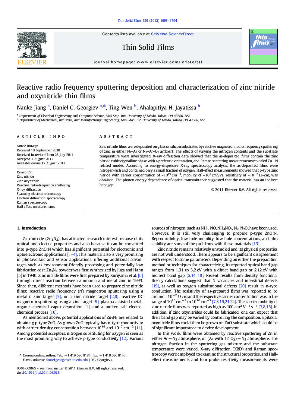 Reactive radio frequency sputtering deposition and characterization of zinc nitride and oxynitride thin films