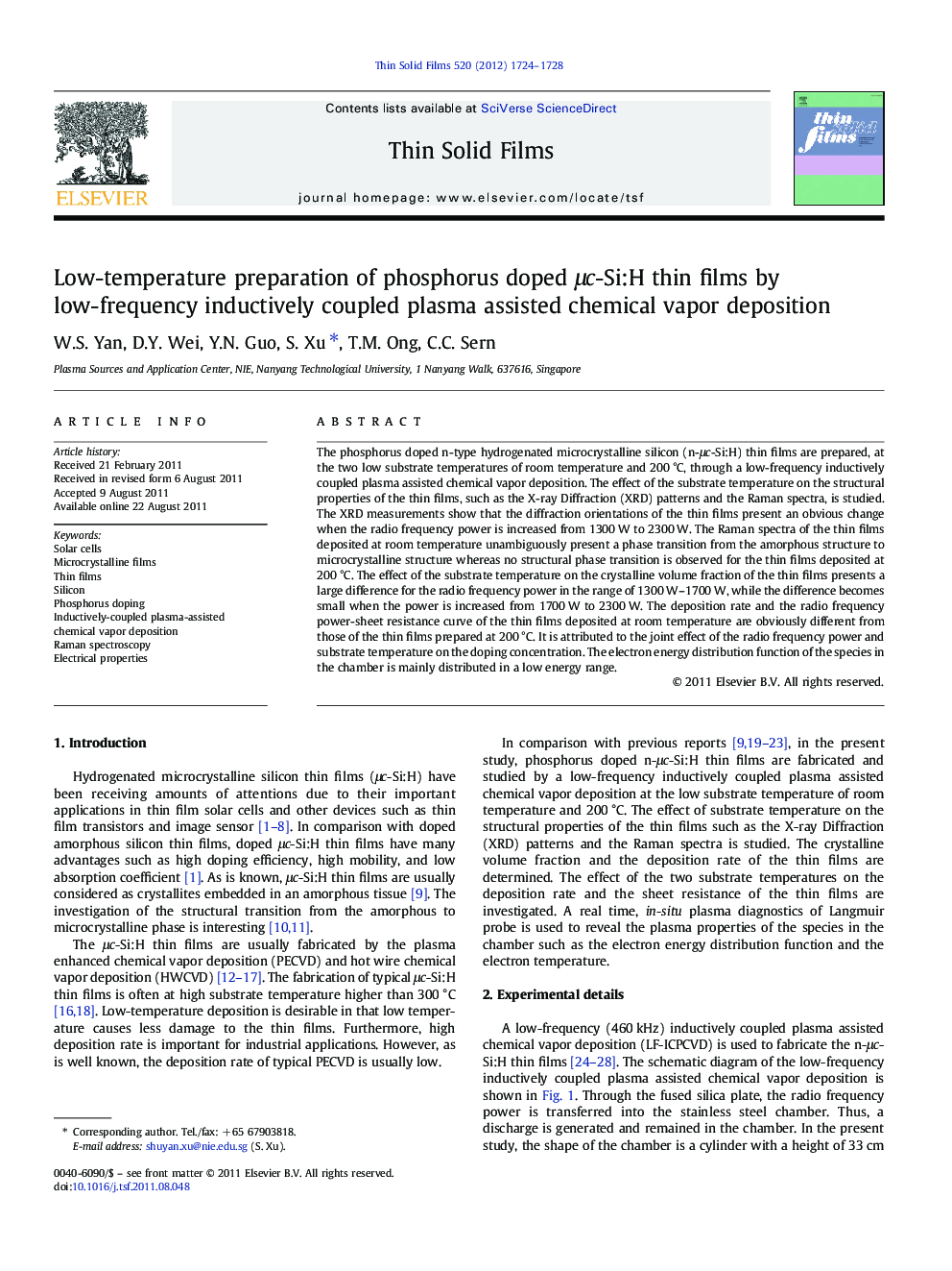 Low-temperature preparation of phosphorus doped μc-Si:H thin films by low-frequency inductively coupled plasma assisted chemical vapor deposition