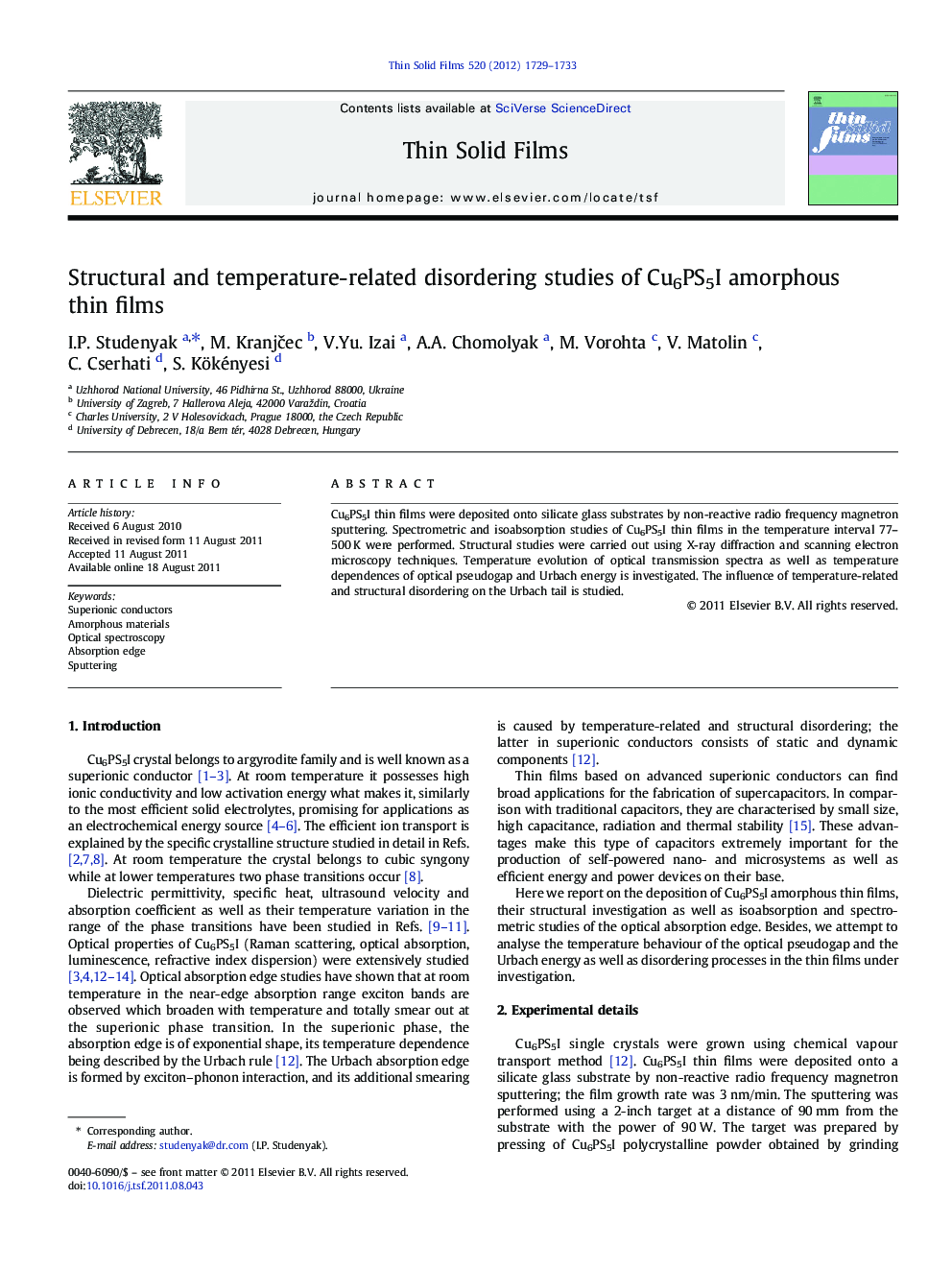 Structural and temperature-related disordering studies of Cu6PS5I amorphous thin films