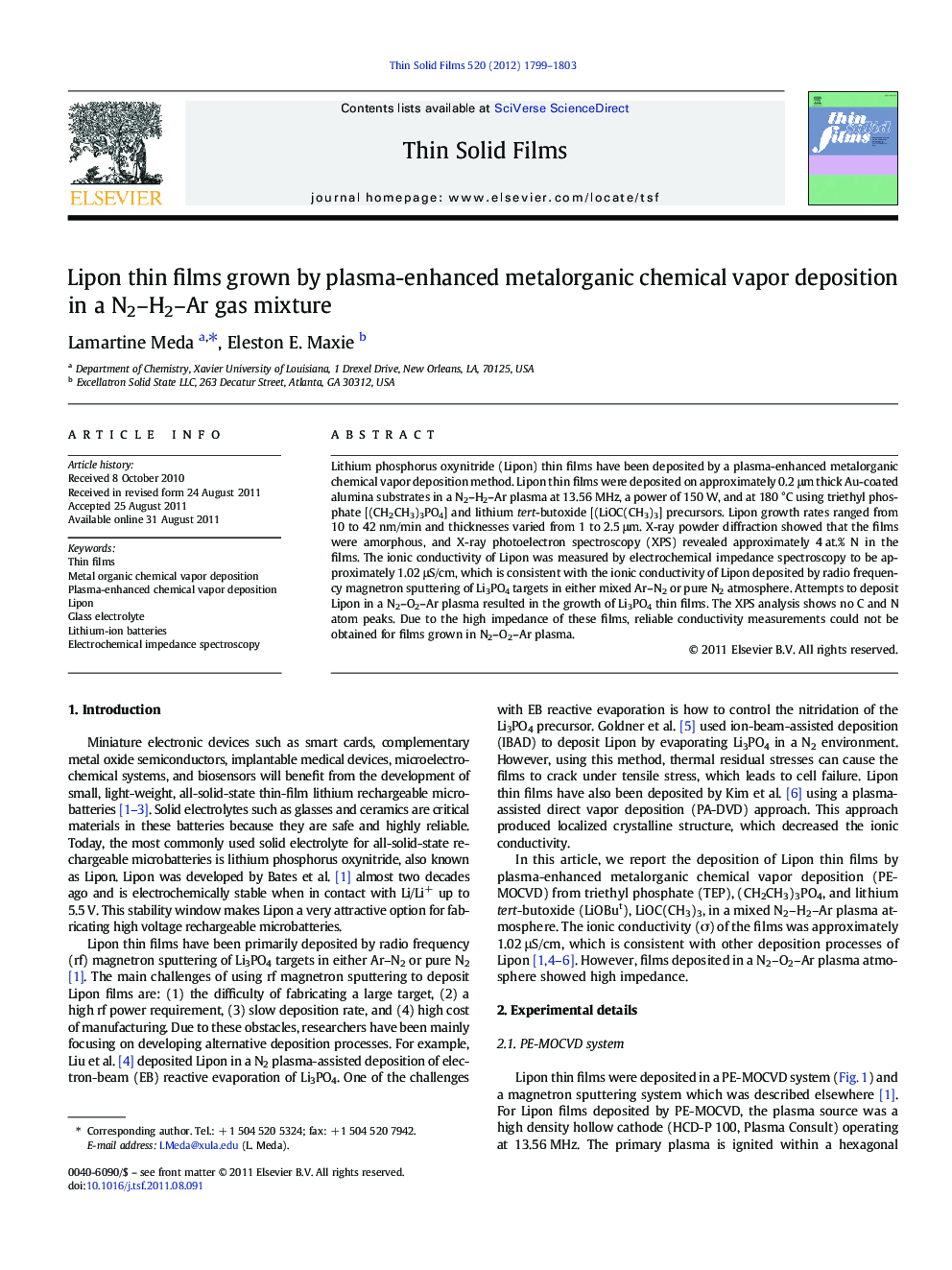 Lipon thin films grown by plasma-enhanced metalorganic chemical vapor deposition in a N2–H2–Ar gas mixture