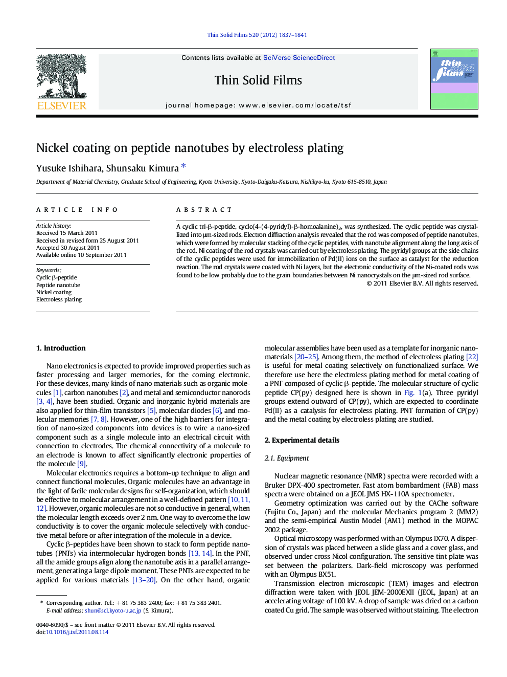 Nickel coating on peptide nanotubes by electroless plating