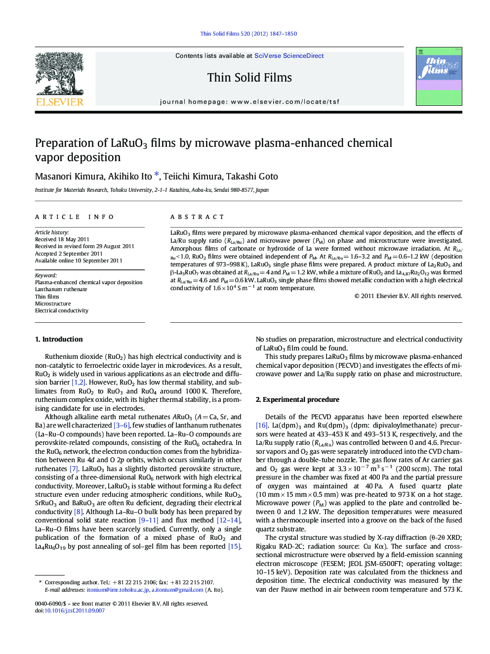 عکس صفحه اول مقاله: Preparation of LaRuO3 films by microwave plasma-enhanced chemical vapor deposition Preparation of LaRuO3 films by microwave plasma-enhanced chemical vapor deposition