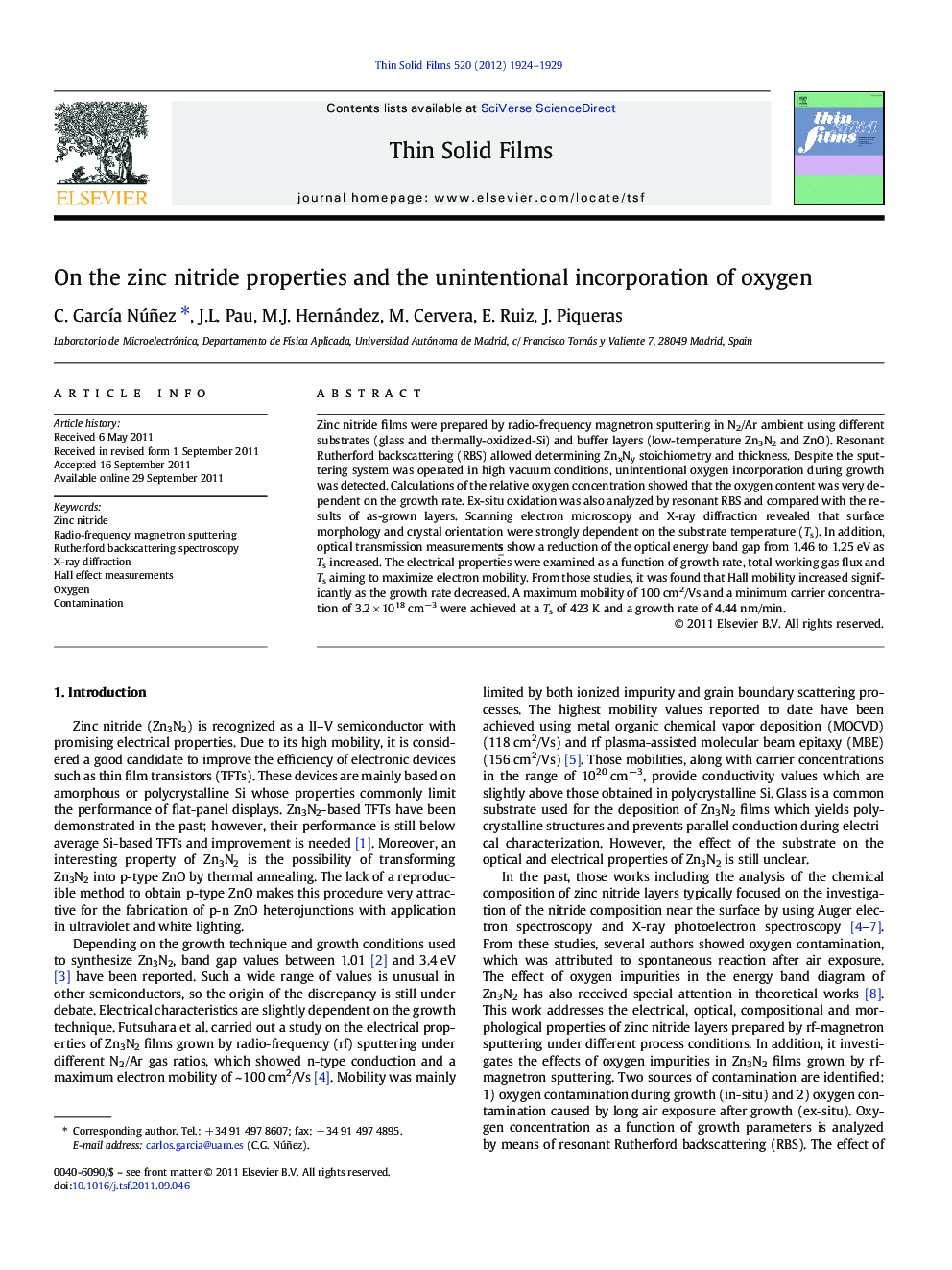 On the zinc nitride properties and the unintentional incorporation of oxygen