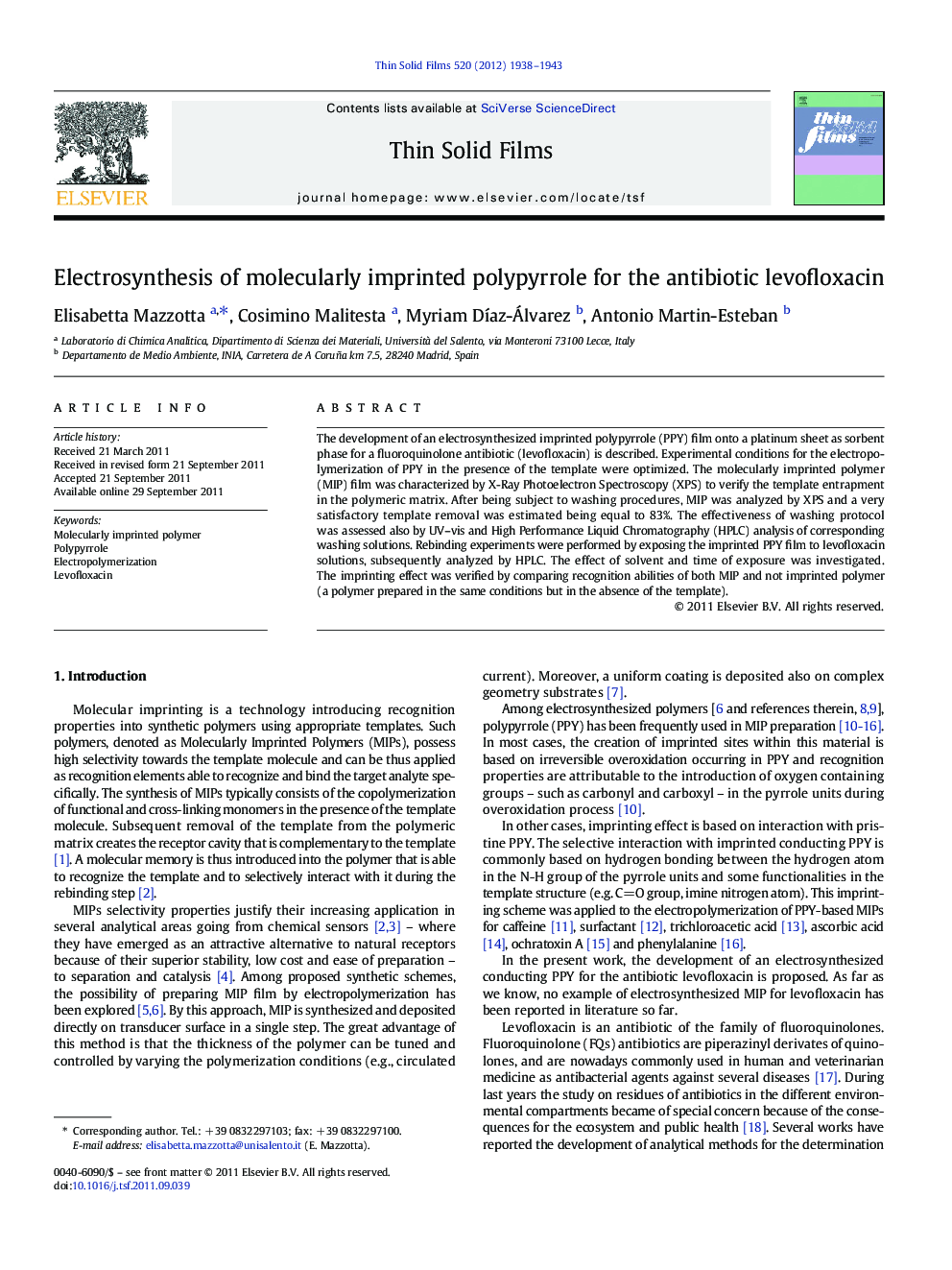 Electrosynthesis of molecularly imprinted polypyrrole for the antibiotic levofloxacin