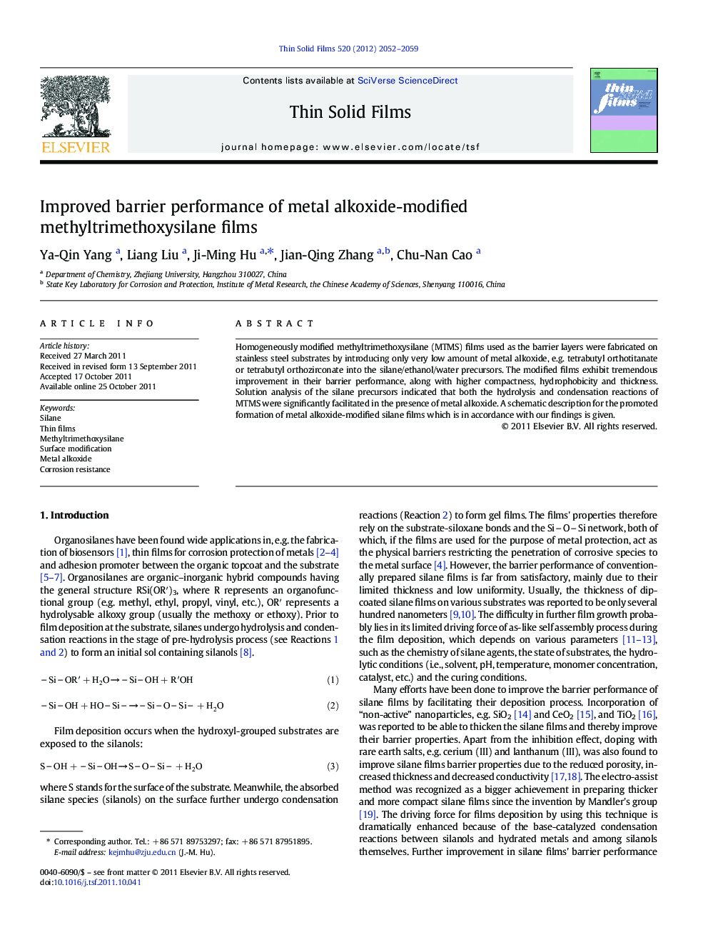 Improved barrier performance of metal alkoxide-modified methyltrimethoxysilane films