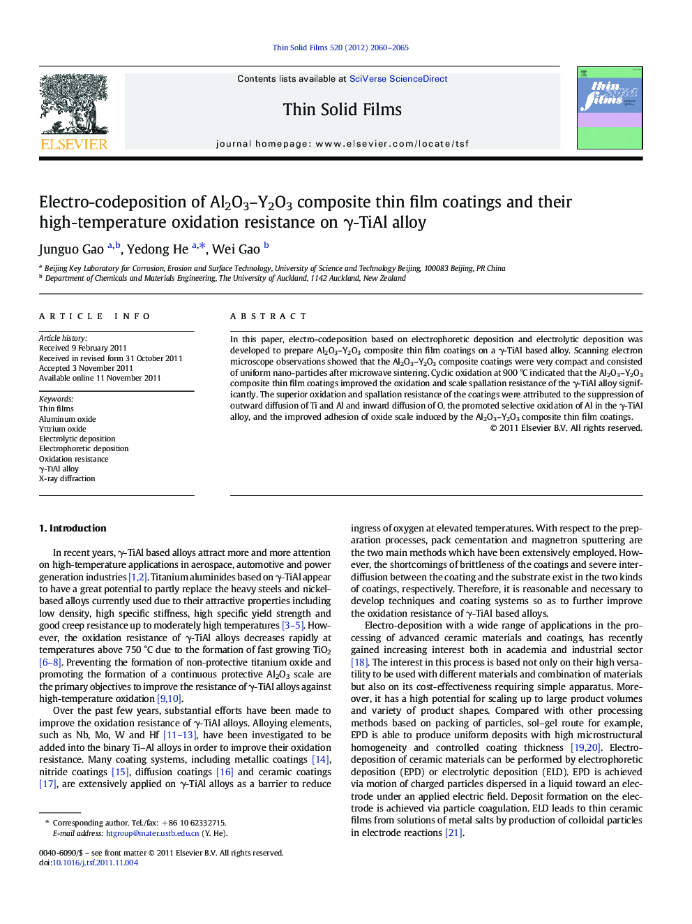 Electro-codeposition of Al2O3-Y2O3 composite thin film coatings and their high-temperature oxidation resistance on Î³-TiAl alloy