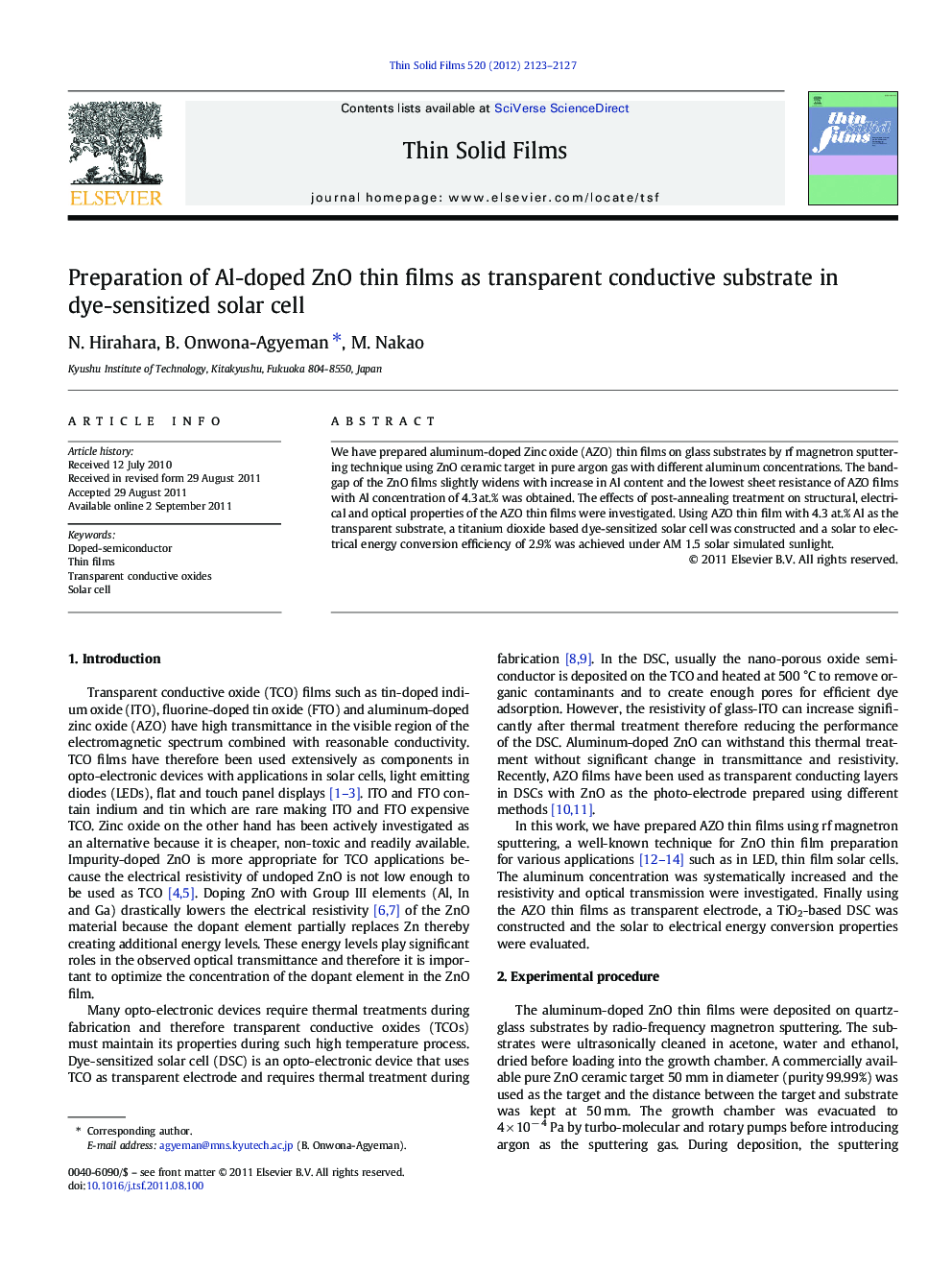 Preparation of Al-doped ZnO thin films as transparent conductive substrate in dye-sensitized solar cell