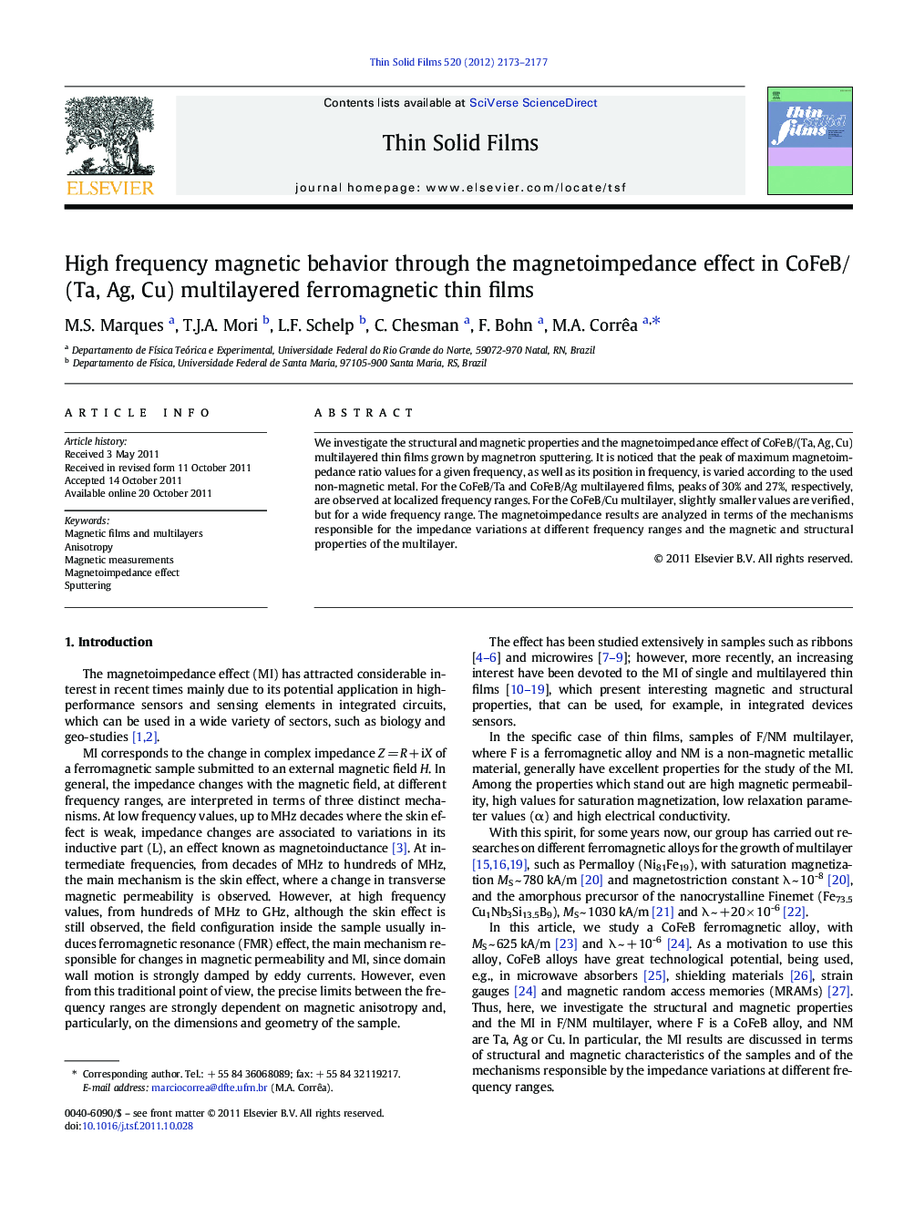 High frequency magnetic behavior through the magnetoimpedance effect in CoFeB/(Ta, Ag, Cu) multilayered ferromagnetic thin films