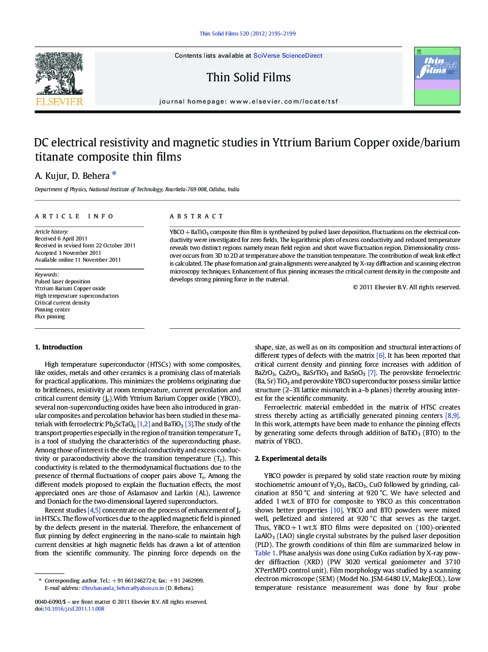 DC electrical resistivity and magnetic studies in Yttrium Barium Copper oxide/barium titanate composite thin films