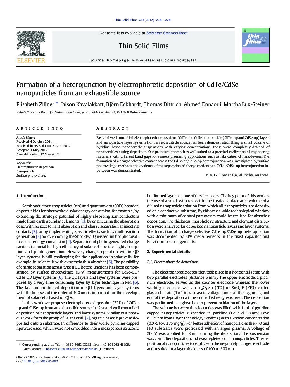 Formation of a heterojunction by electrophoretic deposition of CdTe/CdSe nanoparticles from an exhaustible source