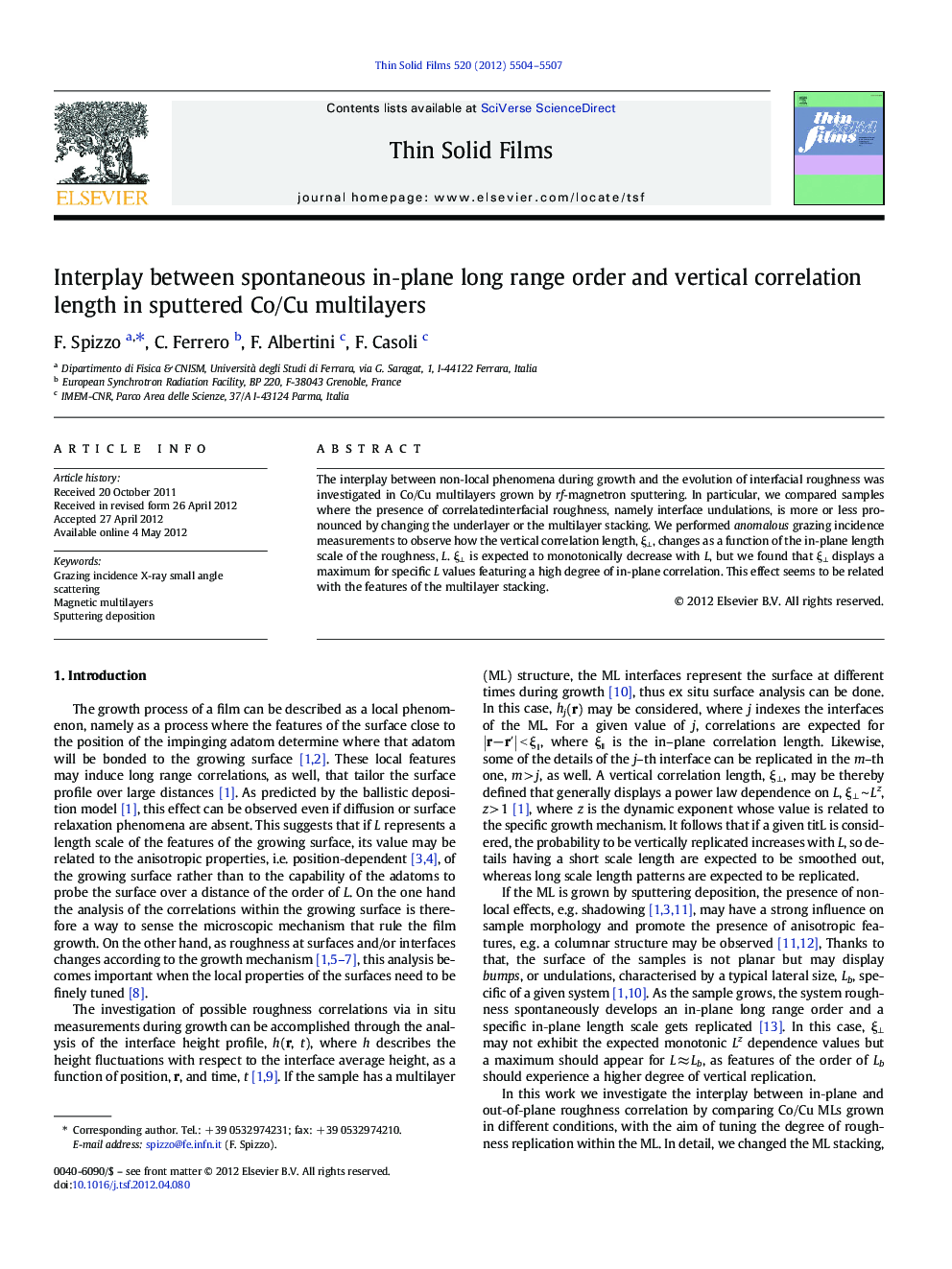 Interplay between spontaneous in‐plane long range order and vertical correlation length in sputtered Co/Cu multilayers