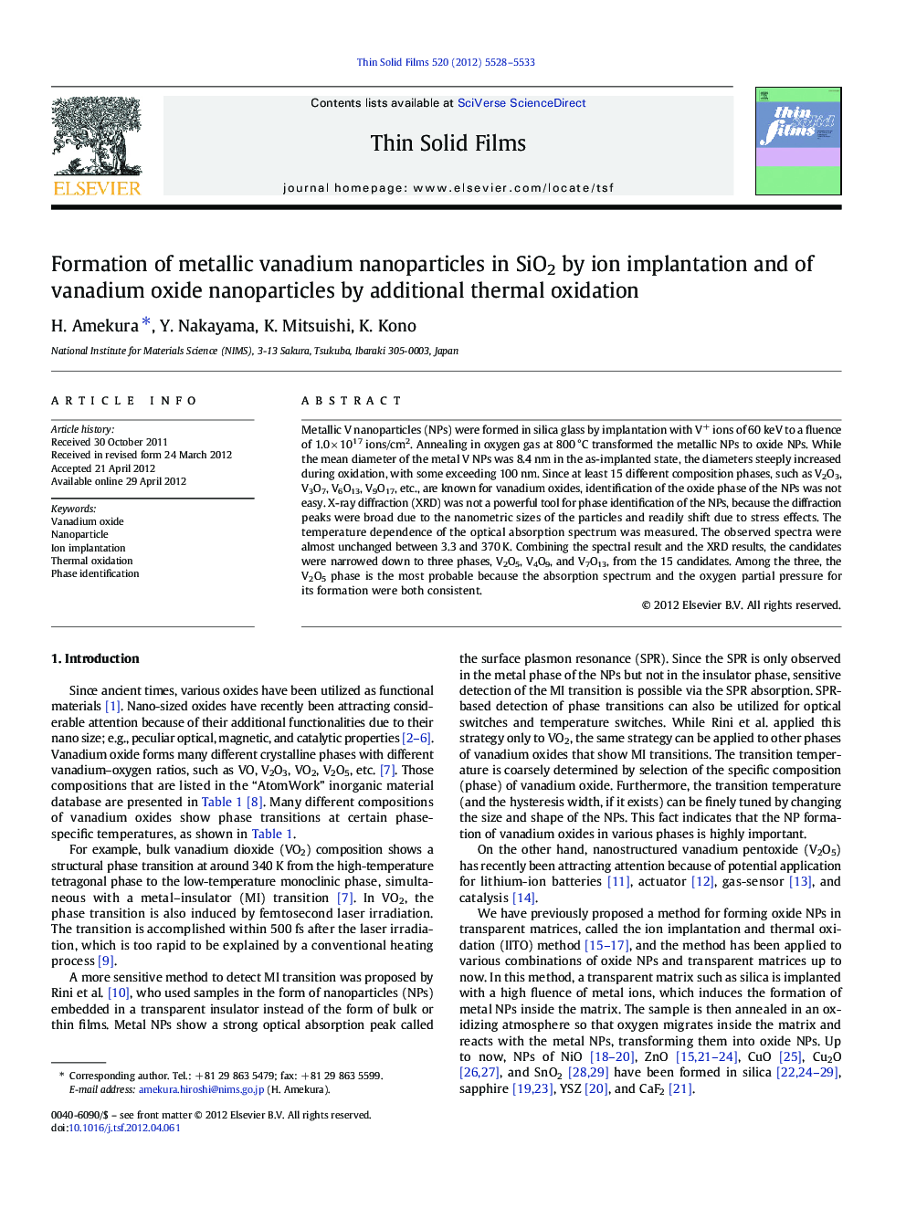 Formation of metallic vanadium nanoparticles in SiO2 by ion implantation and of vanadium oxide nanoparticles by additional thermal oxidation