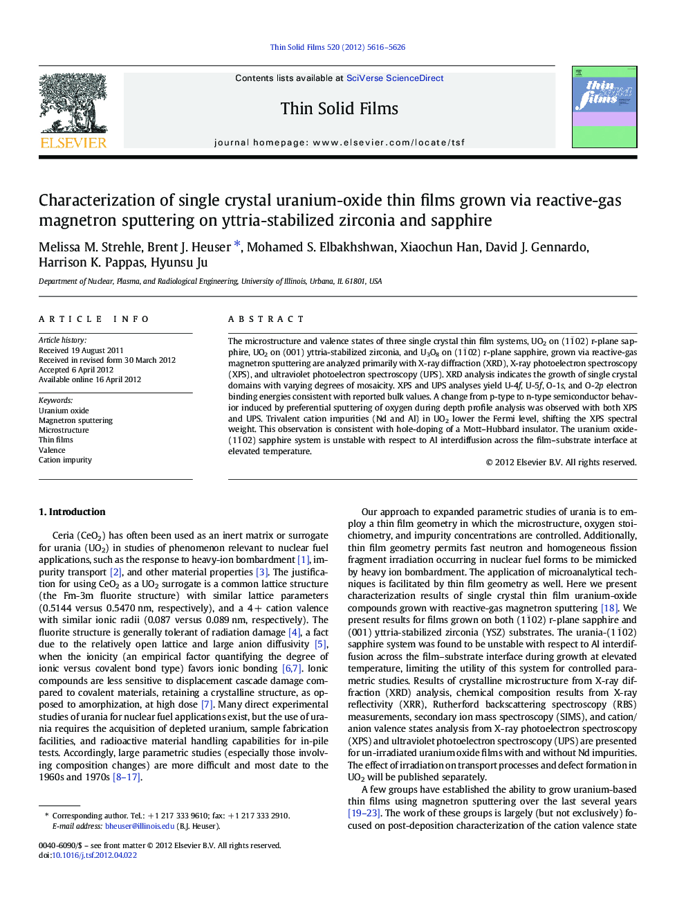 Characterization of single crystal uranium-oxide thin films grown via reactive-gas magnetron sputtering on yttria-stabilized zirconia and sapphire