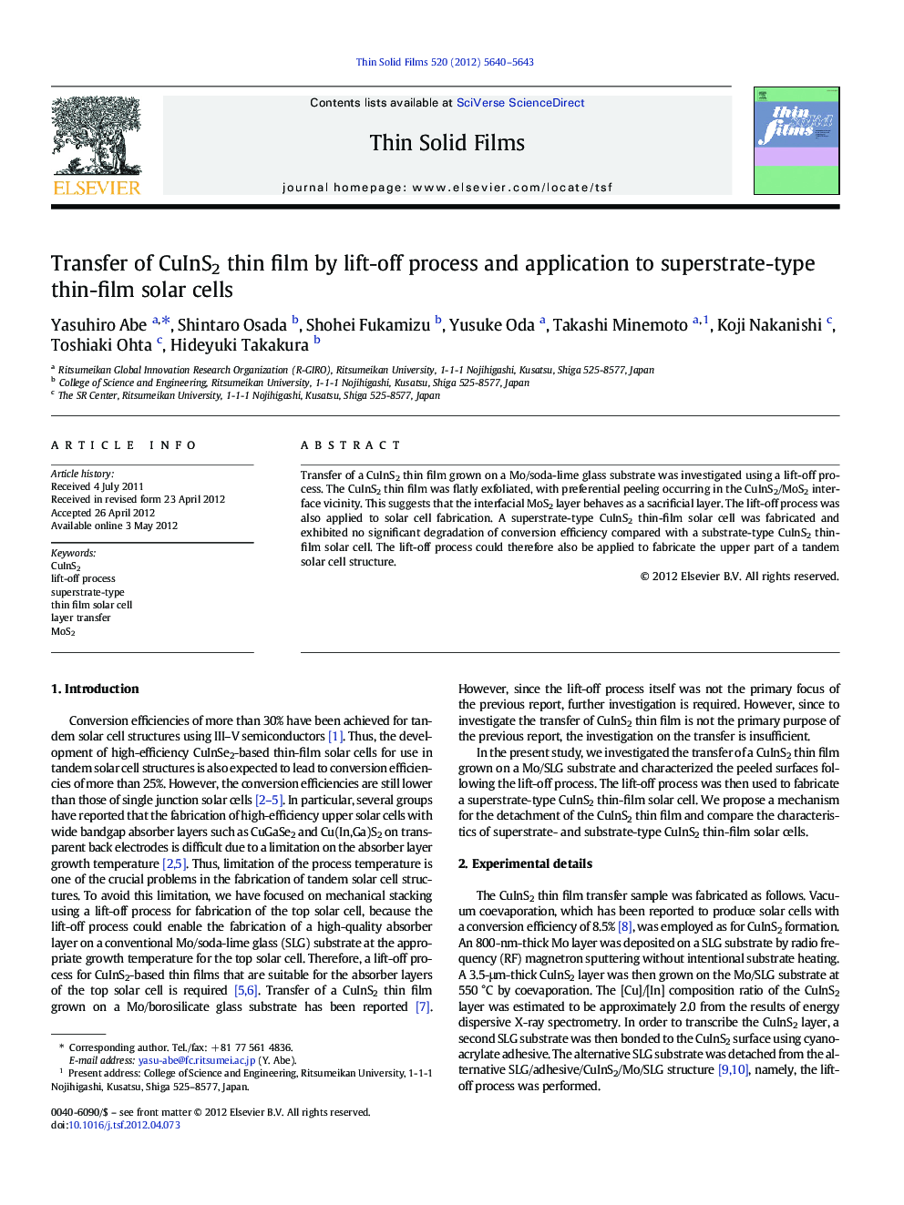 Transfer of CuInS2 thin film by lift-off process and application to superstrate-type thin-film solar cells