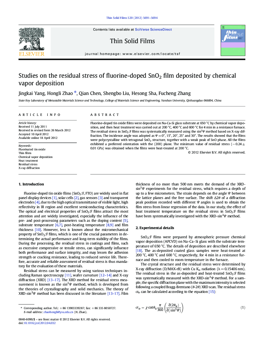 Studies on the residual stress of fluorine-doped SnO2 film deposited by chemical vapor deposition