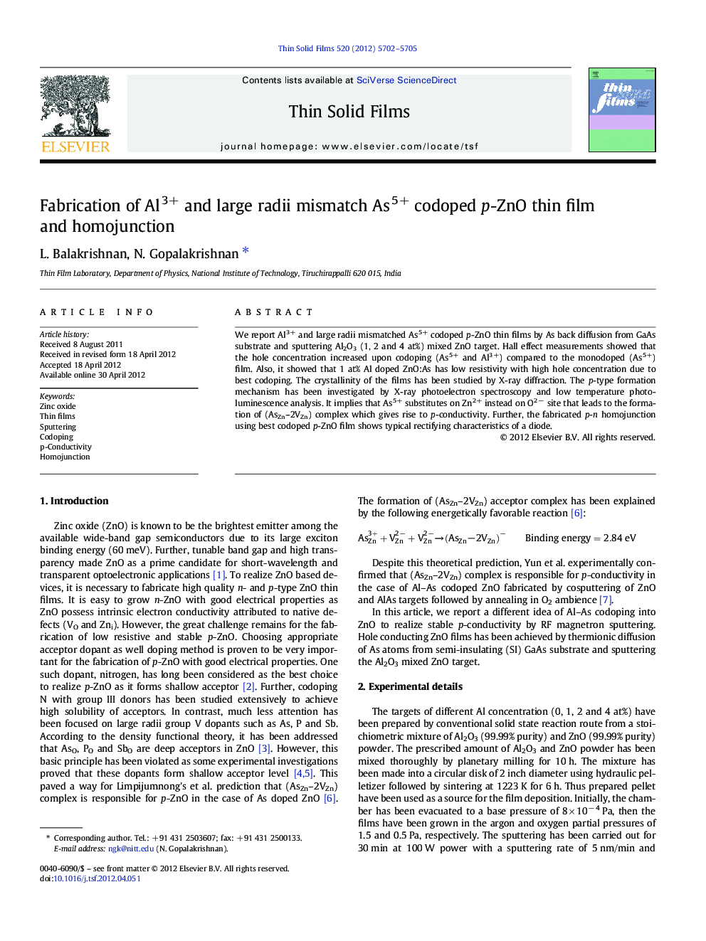 Fabrication of Al3+ and large radii mismatch As5+ codoped p-ZnO thin film and homojunction