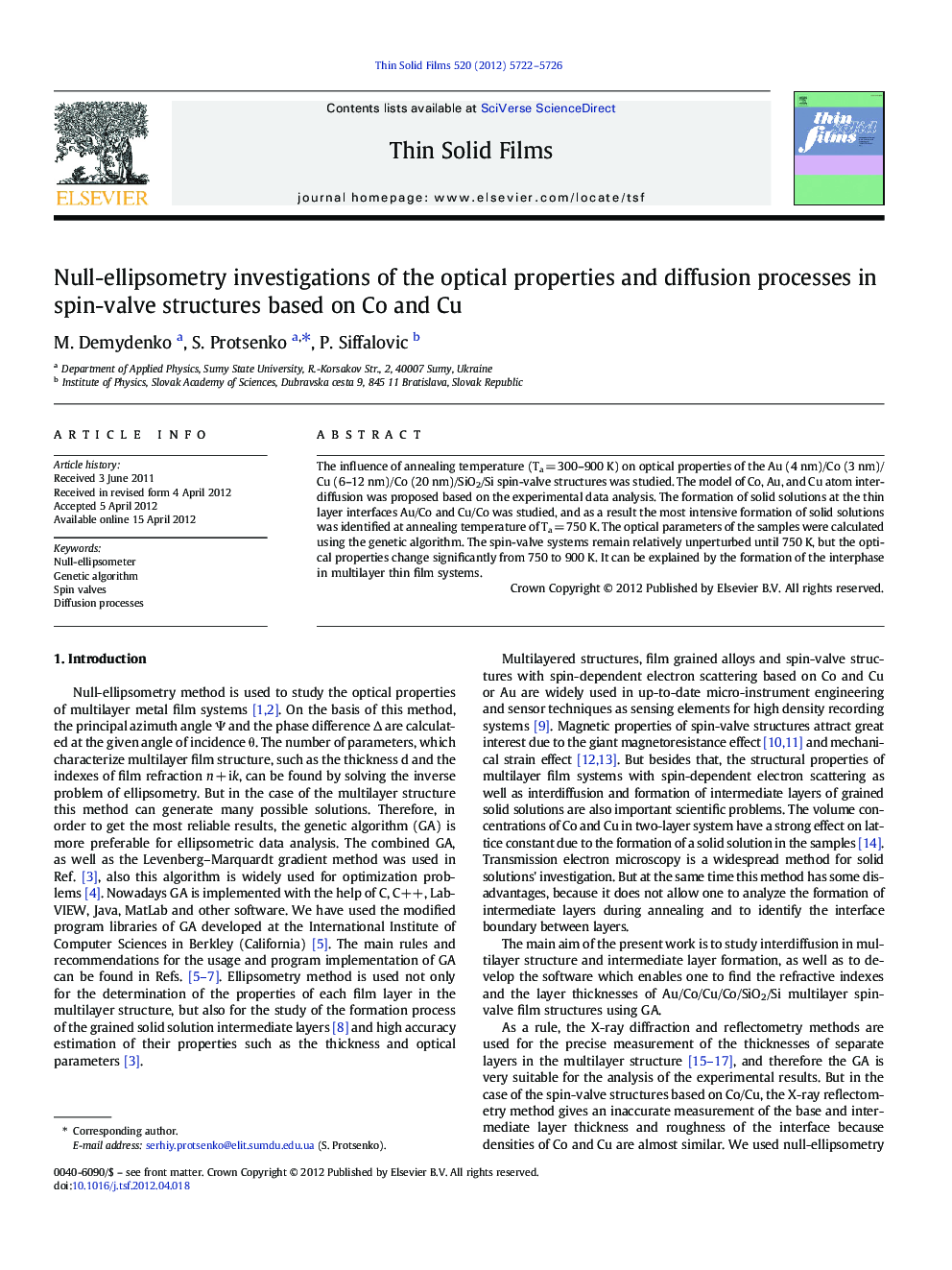 Null-ellipsometry investigations of the optical properties and diffusion processes in spin-valve structures based on Co and Cu