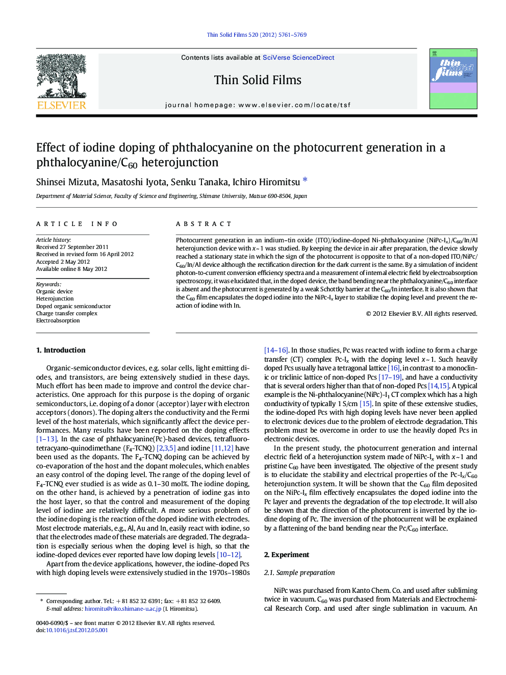 Effect of iodine doping of phthalocyanine on the photocurrent generation in a phthalocyanine/C60 heterojunction