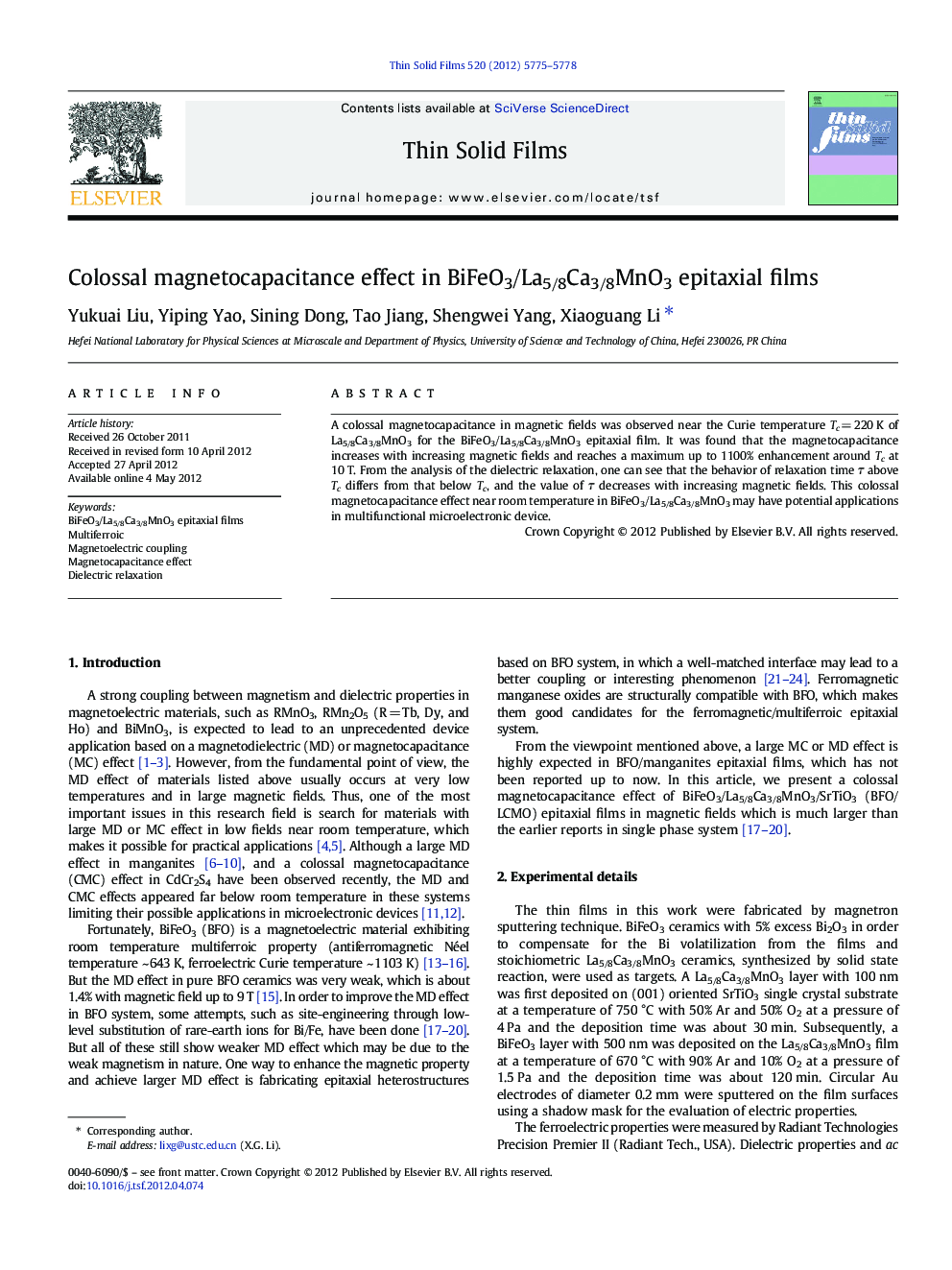 Colossal magnetocapacitance effect in BiFeO3/La5/8Ca3/8MnO3 epitaxial films