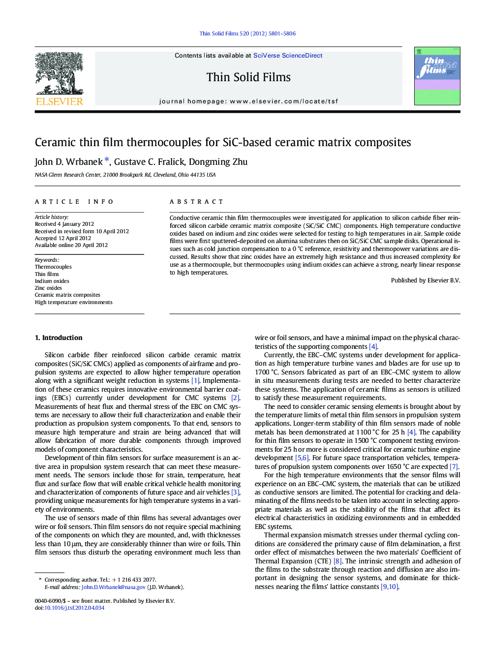 Ceramic thin film thermocouples for SiC-based ceramic matrix composites