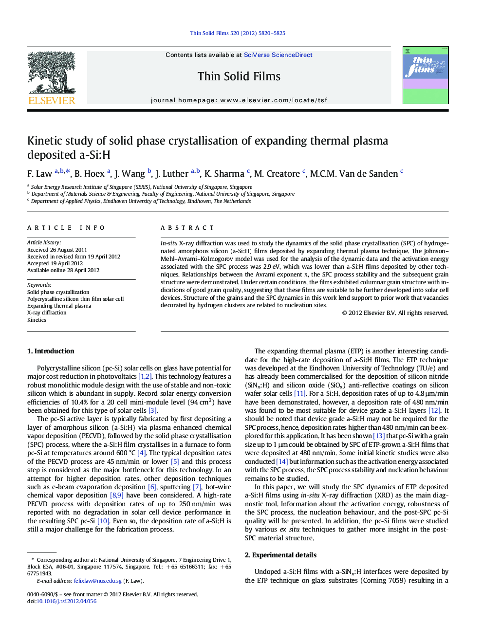 Kinetic study of solid phase crystallisation of expanding thermal plasma deposited a-Si:H